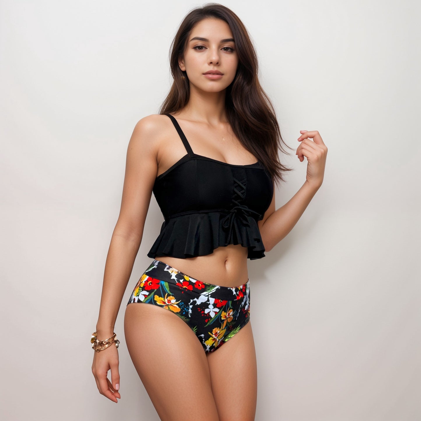 Anna-Kaci Swim Women's Two Piece Bikini Set with Lace-Up Ruffle Tankini Top and High Waist Floral Bottoms