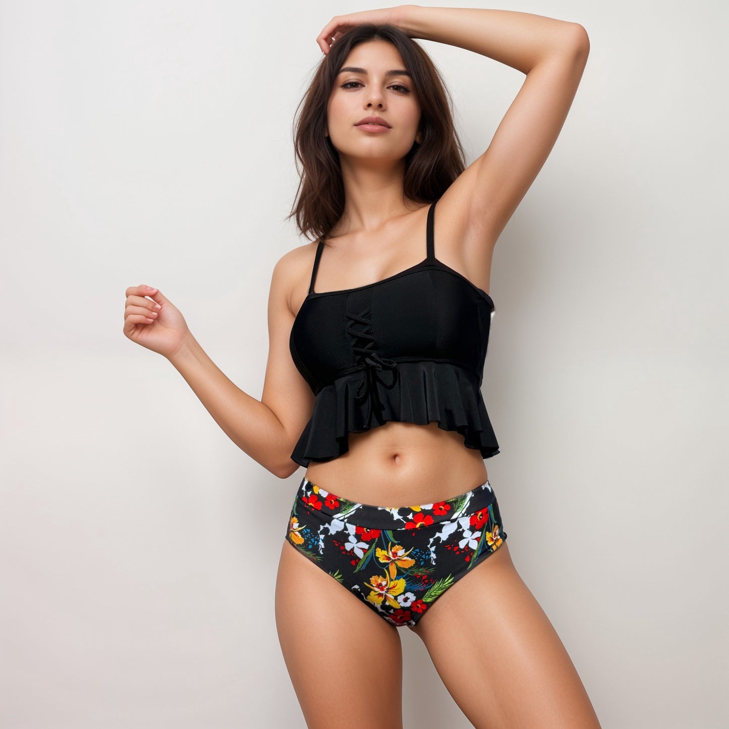 Anna-Kaci Swim Women's Two Piece Bikini Set with Lace-Up Ruffle Tankini Top and High Waist Floral Bottoms
