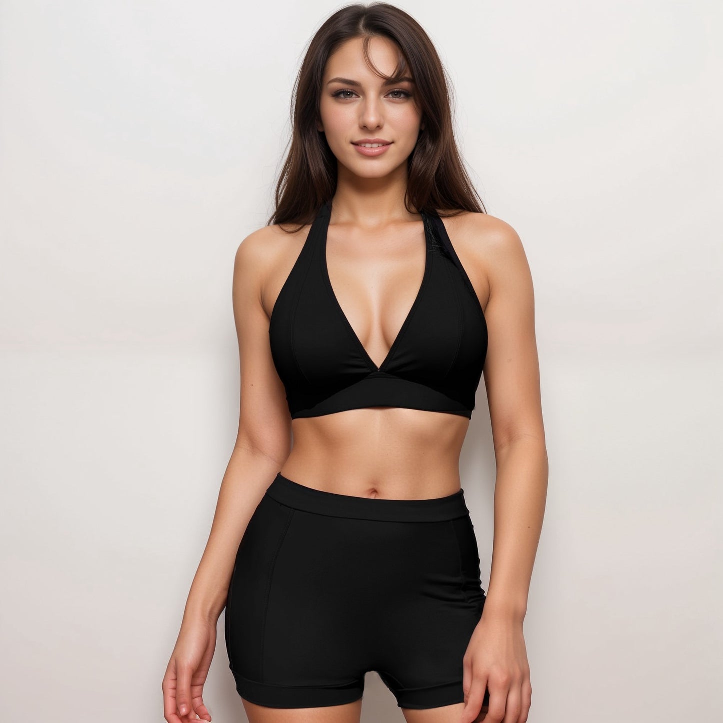 Anna-Kaci Swim Women's Two Piece Bikini Set with Halter Triangle Top and High Waist Swim Shorts Bottom