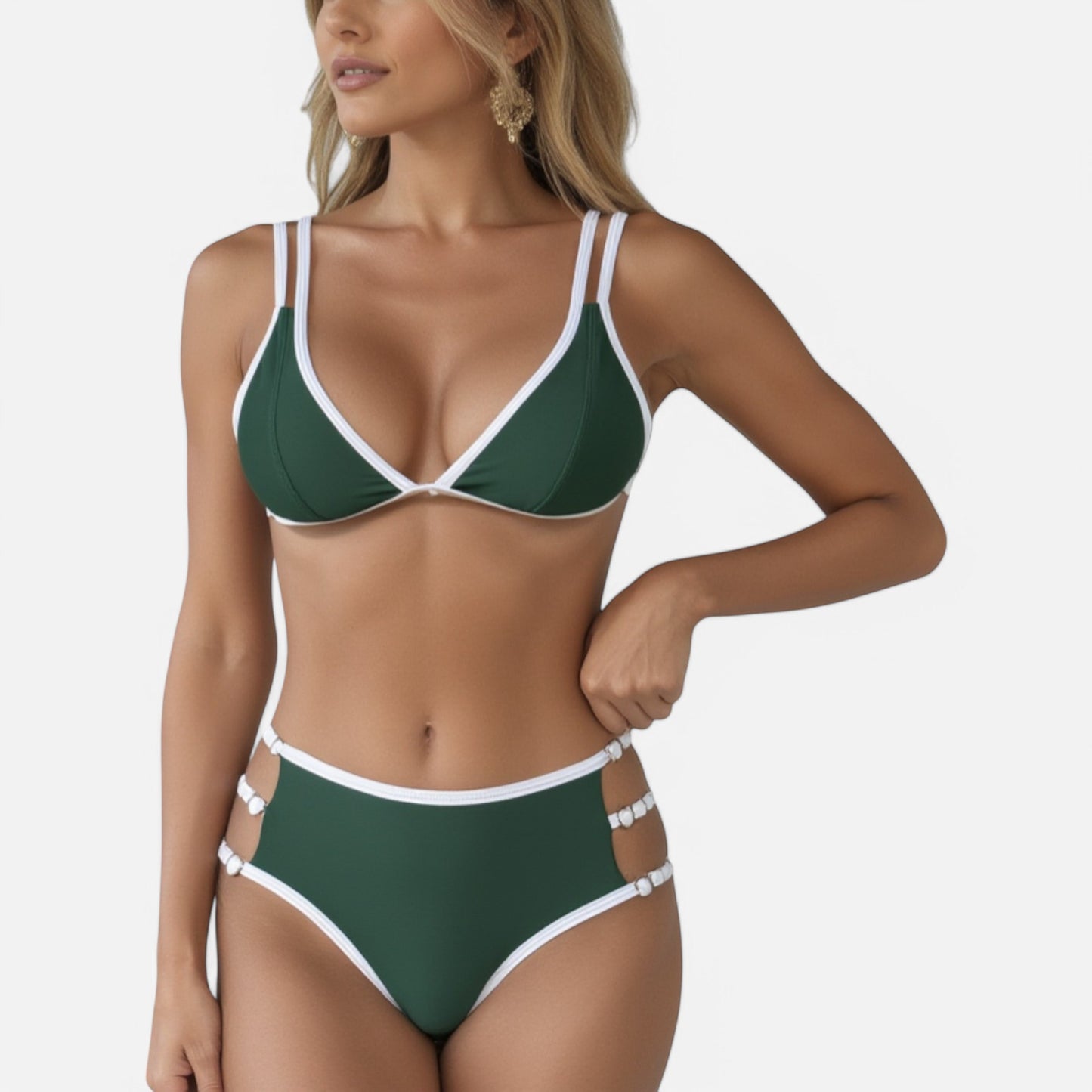 Anna-Kaci Swim Women's High Waist Bikini Set with Double Strap Triangle Top and Side Ring Strap Bottoms
