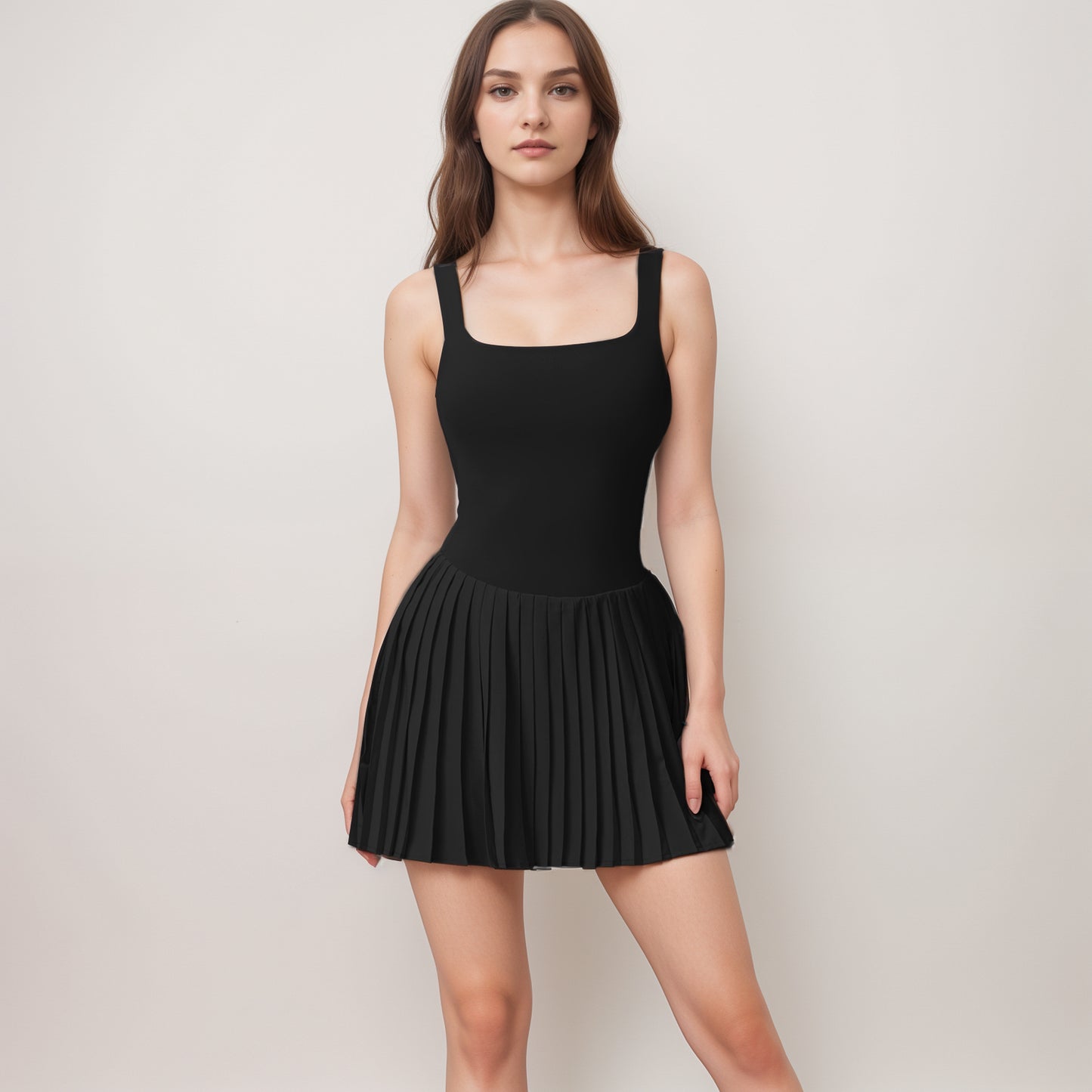 Anna-Kaci Women's Sleeveless Athletic Dress with Built-In Shorts Pleated Wrap Skirt and Stretch Fabric with Side Pocket