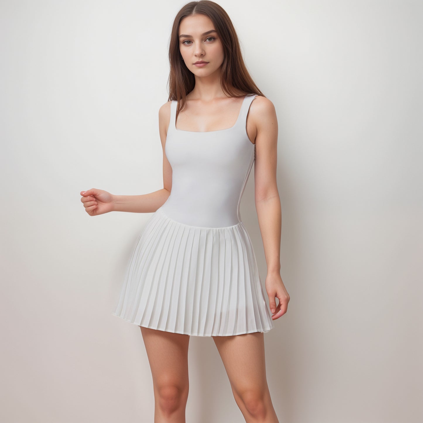 Anna-Kaci Women's Sleeveless Athletic Dress with Built-In Shorts Pleated Wrap Skirt and Stretch Fabric with Side Pocket