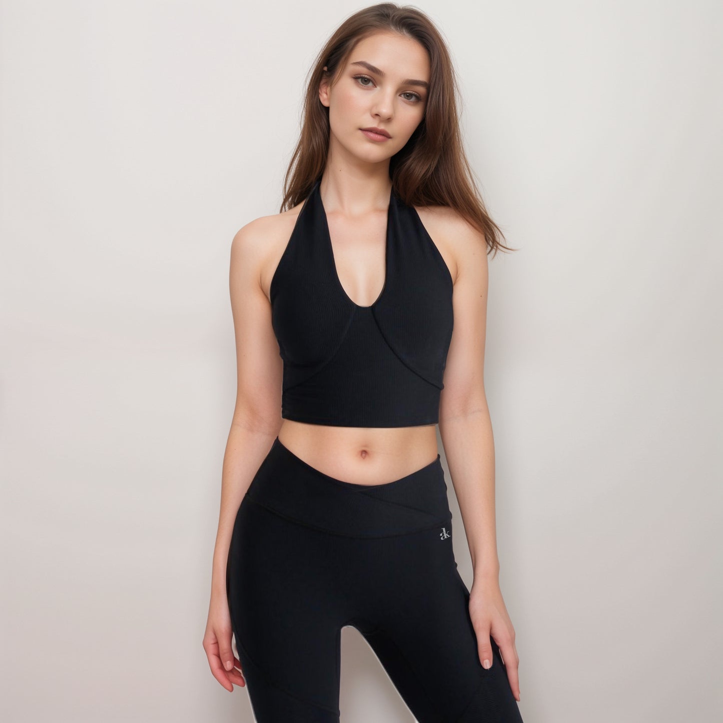 Anna-Kaci Women's Ribbed Halter Crop Tank Top with Deep V Neckline Seam Detailing and Stretch Fabric for Light Support Fit