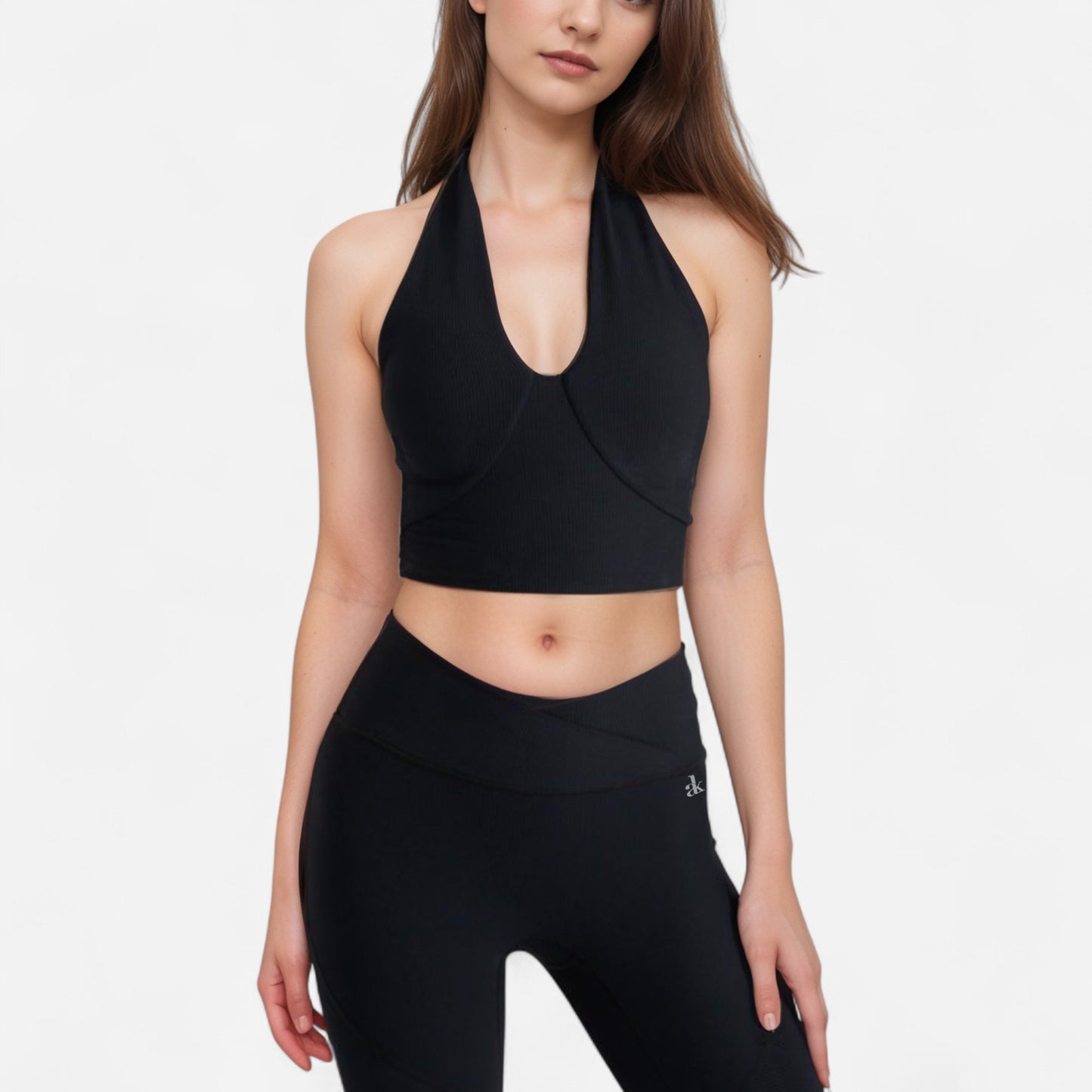 Anna-Kaci Women's Ribbed Halter Crop Tank Top with Deep V Neckline Seam Detailing and Stretch Fabric for Light Support Fit