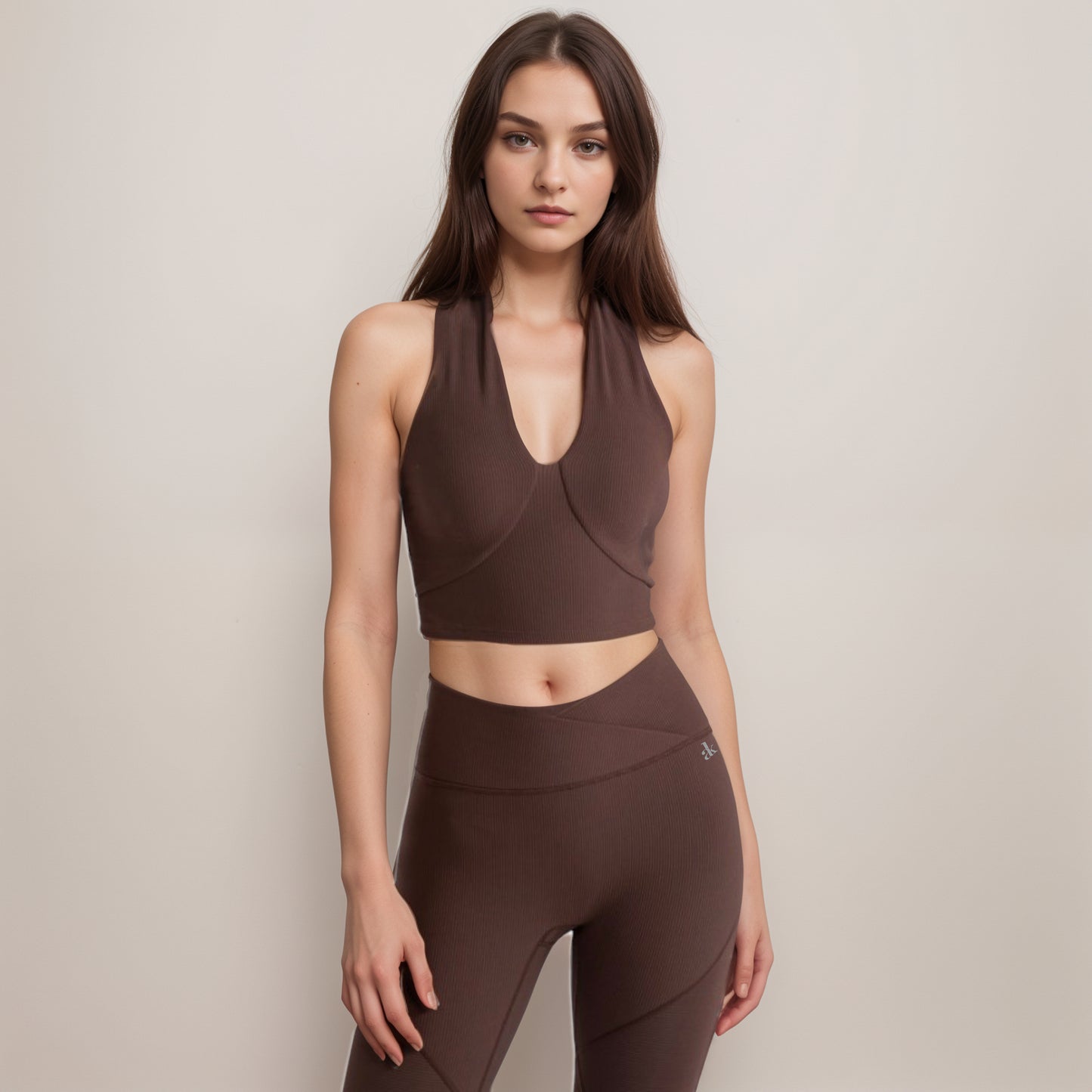 Anna-Kaci Women's Ribbed Halter Crop Tank Top with Deep V Neckline Seam Detailing and Stretch Fabric for Light Support Fit
