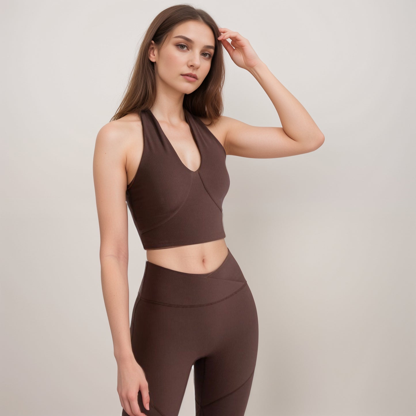 Anna-Kaci Women's Ribbed Halter Crop Tank Top with Deep V Neckline Seam Detailing and Stretch Fabric for Light Support Fit