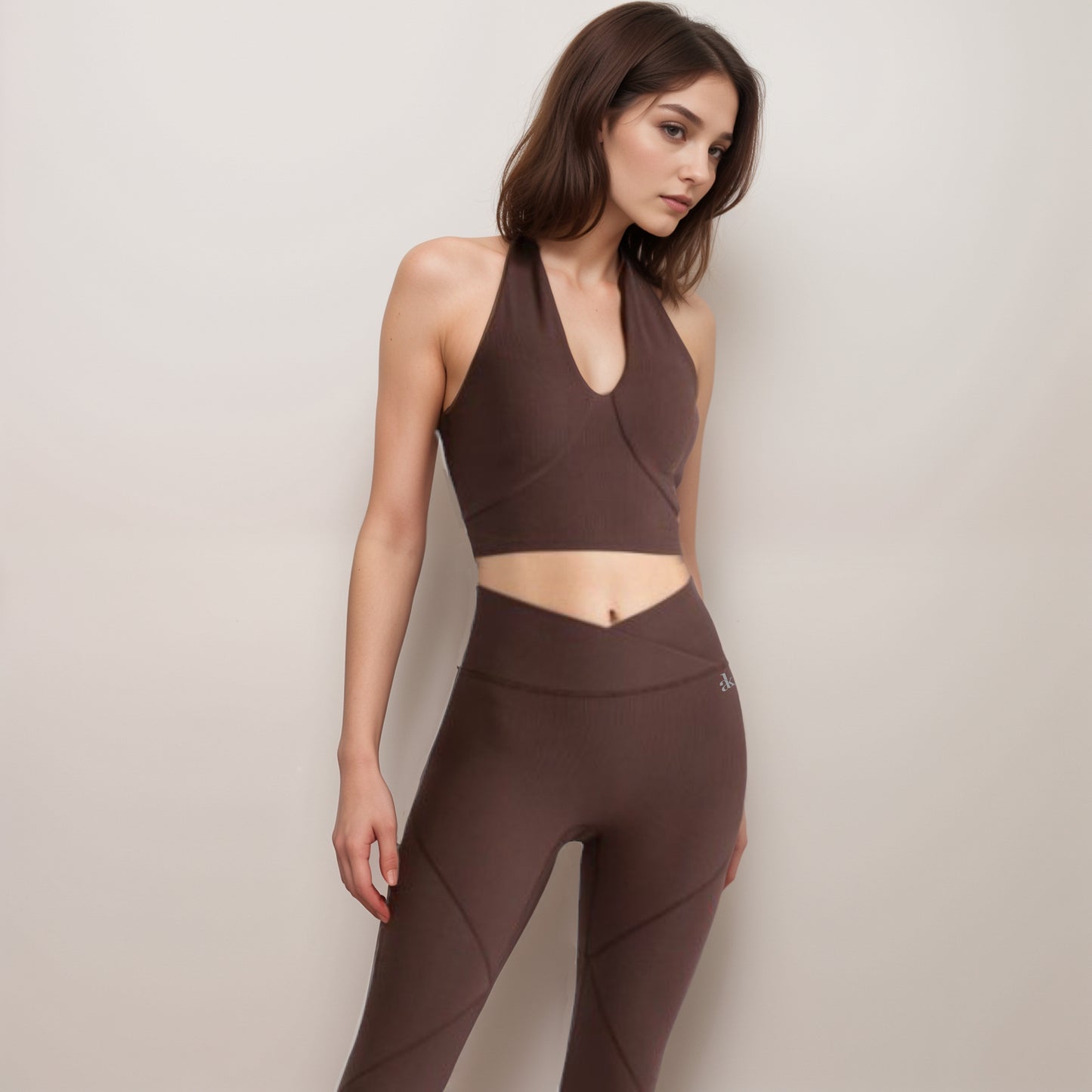 Anna-Kaci Women's Ribbed Halter Crop Tank Top with Deep V Neckline Seam Detailing and Stretch Fabric for Light Support Fit