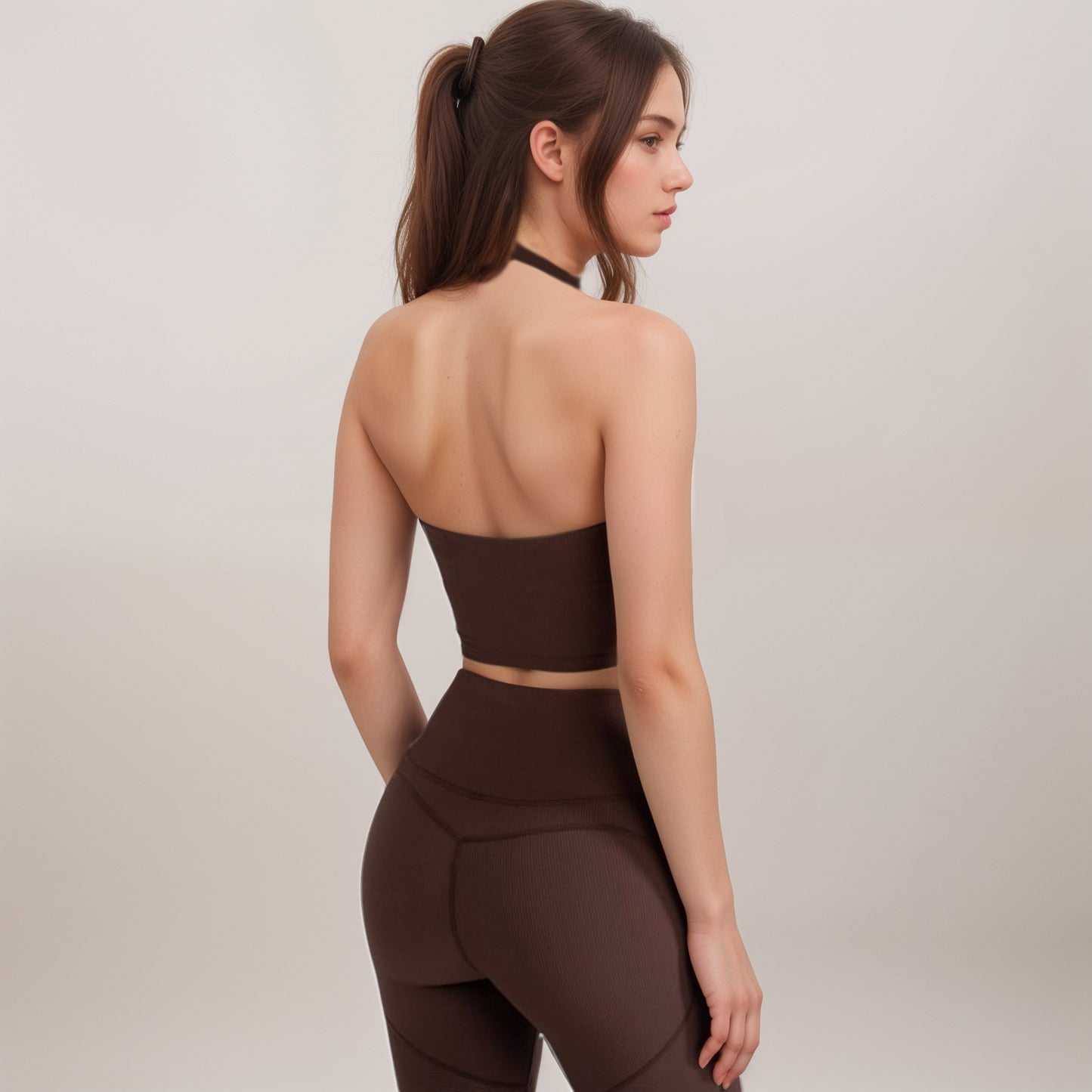 Anna-Kaci Women's Ribbed Halter Crop Tank Top with Deep V Neckline Seam Detailing and Stretch Fabric for Light Support Fit