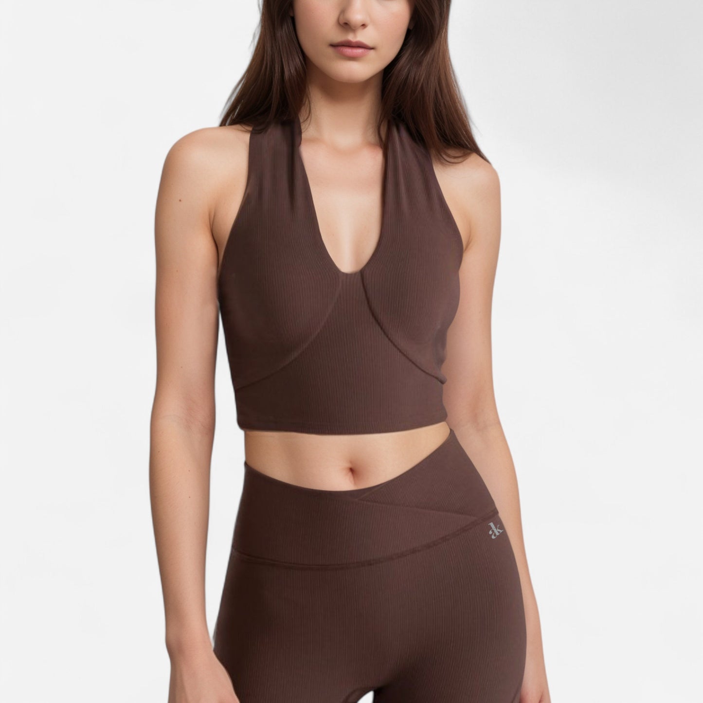 Anna-Kaci Women's Ribbed Halter Crop Tank Top with Deep V Neckline Seam Detailing and Stretch Fabric for Light Support Fit