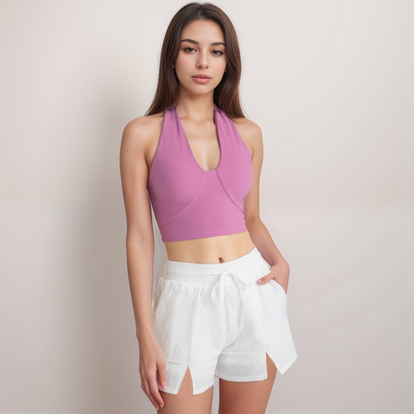 Anna-Kaci Women's Ribbed Halter Crop Tank Top with Deep V Neckline Seam Detailing and Stretch Fabric for Light Support Fit