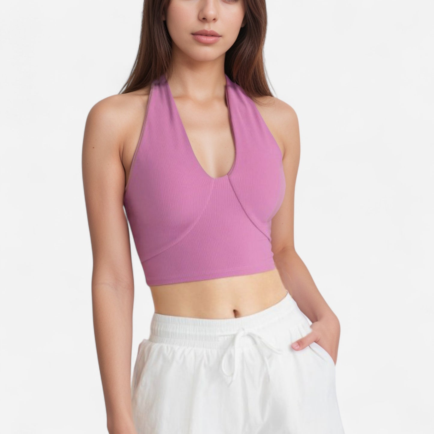 Anna-Kaci Women's Ribbed Halter Crop Tank Top with Deep V Neckline Seam Detailing and Stretch Fabric for Light Support Fit