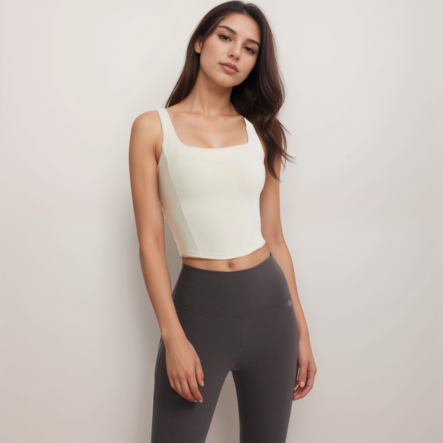 Anna-Kaci Women's Square Neck Active Crop Tank Top with Contour Seams Wide Straps and Sculpting Stretch Performance Fabric