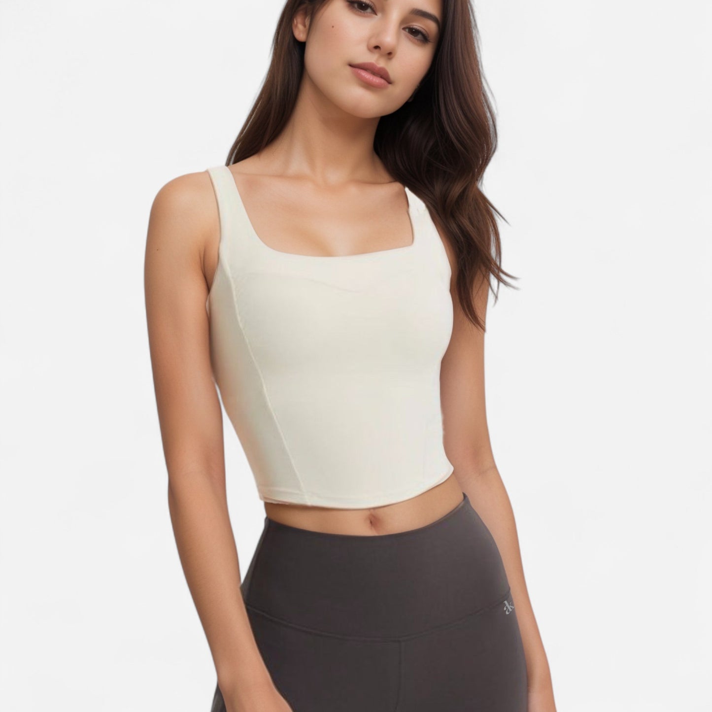 Anna-Kaci Women's Square Neck Active Crop Tank Top with Contour Seams Wide Straps and Sculpting Stretch Performance Fabric