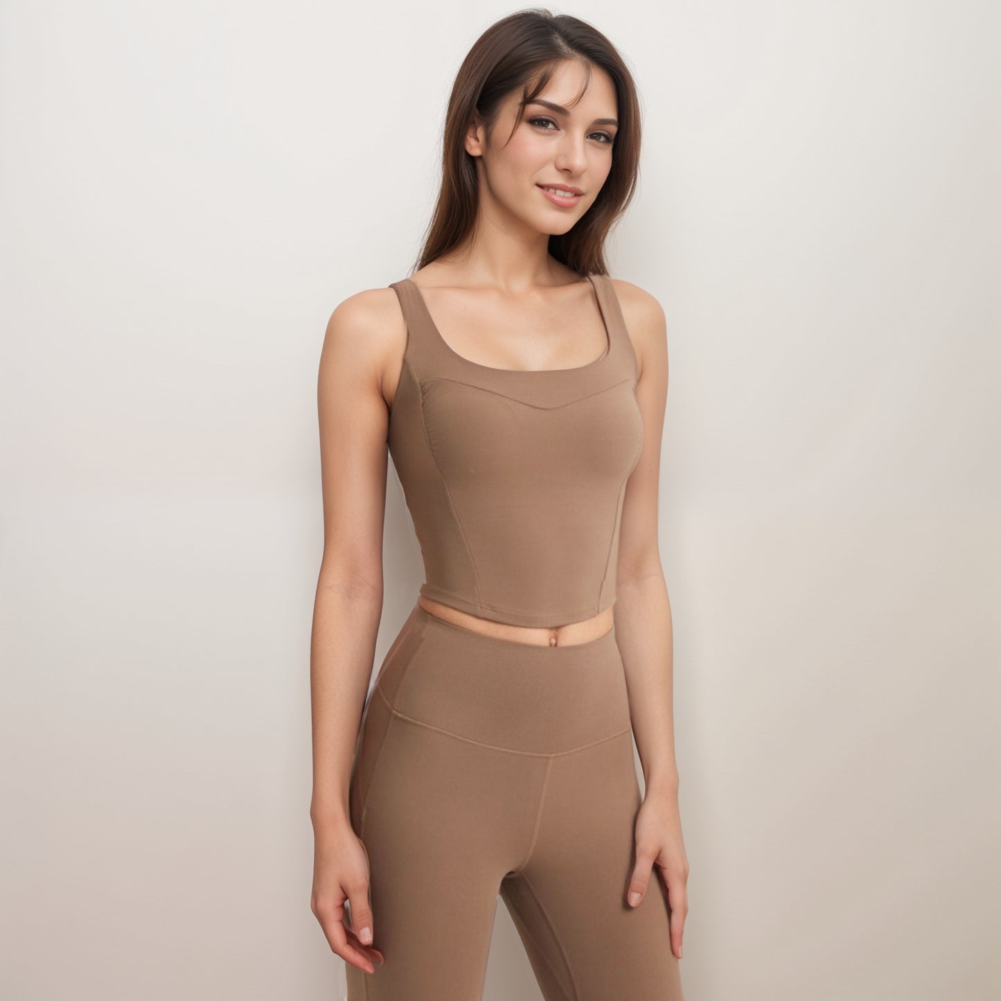 Anna-Kaci Women's Square Neck Active Crop Tank Top with Contour Seams Wide Straps and Sculpting Stretch Performance Fabric