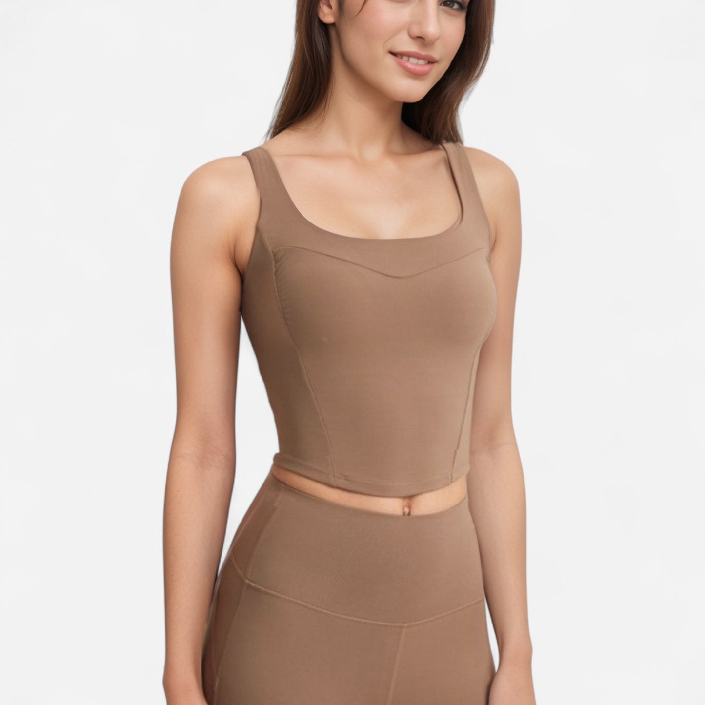 Anna-Kaci Women's Square Neck Active Crop Tank Top with Contour Seams Wide Straps and Sculpting Stretch Performance Fabric