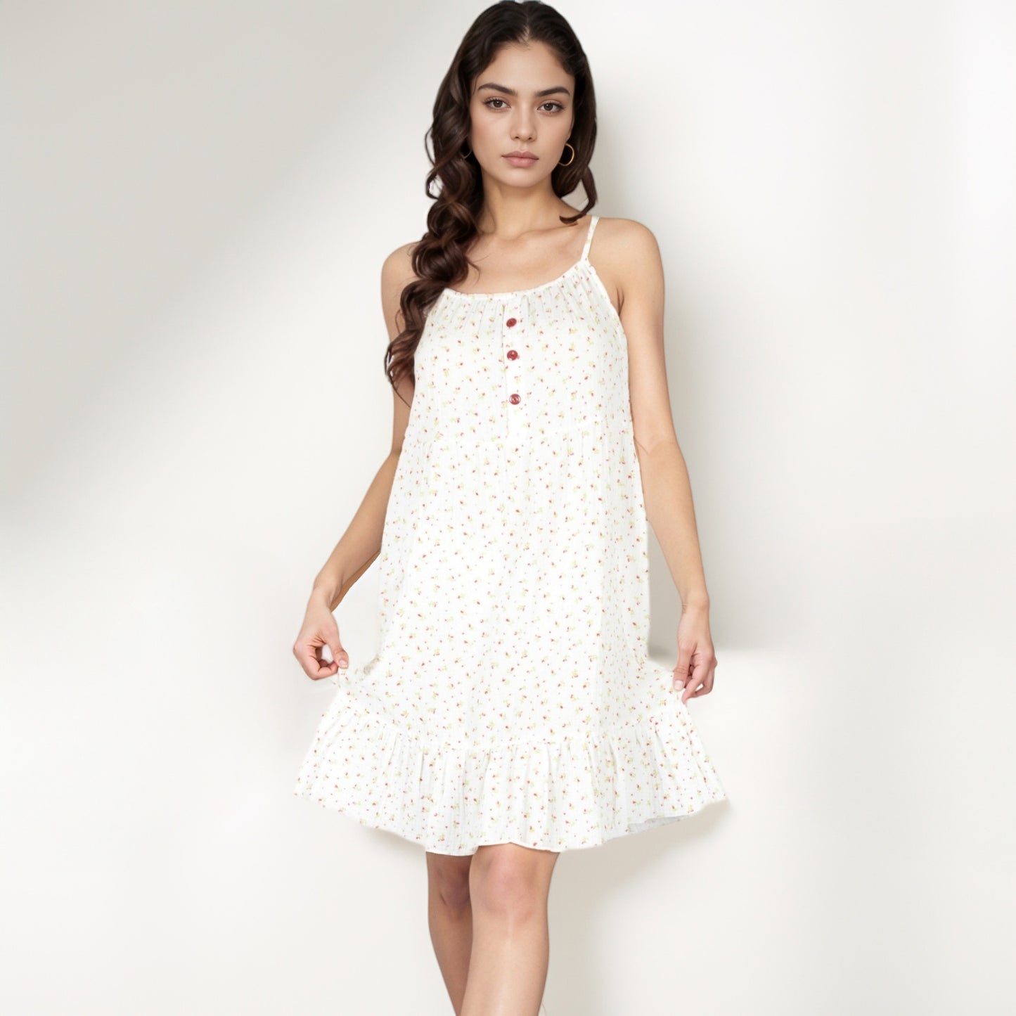 Anna-Kaci Women's Sleeveless Mini Floral Sleepdress with Button Front Detail and Ruffle Hem