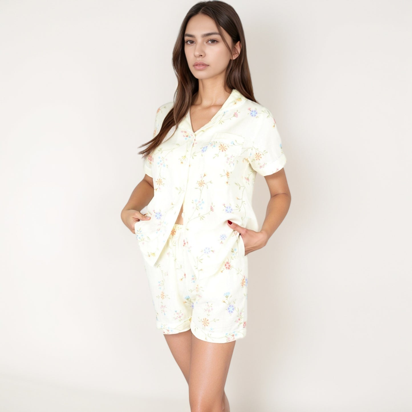 Anna-Kaci Women's Floral Short Sleeve Button-Up Pajama Shirt and Lounge Shorts Set with Rolled Cuffs