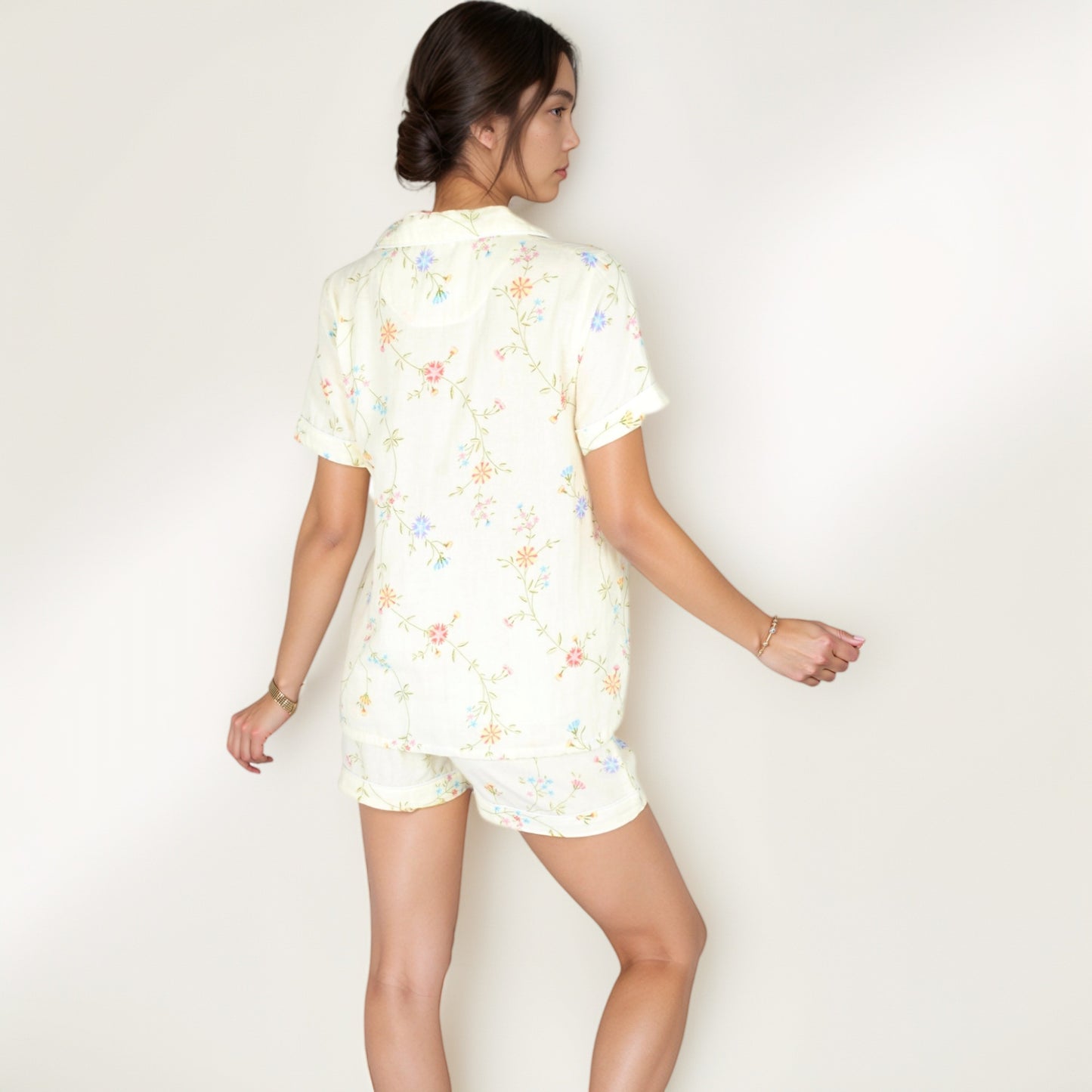 Anna-Kaci Women's Floral Short Sleeve Button-Up Pajama Shirt and Lounge Shorts Set with Rolled Cuffs
