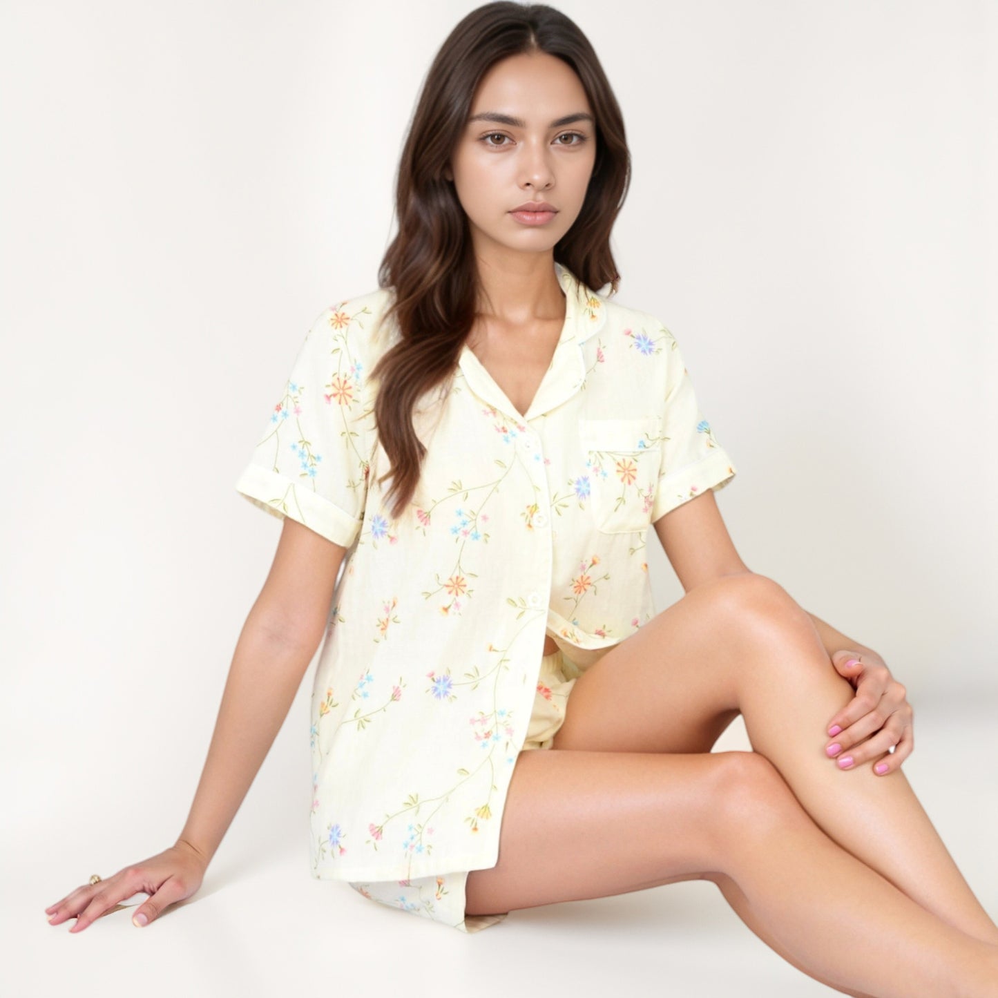 Anna-Kaci Women's Floral Short Sleeve Button-Up Pajama Shirt and Lounge Shorts Set with Rolled Cuffs