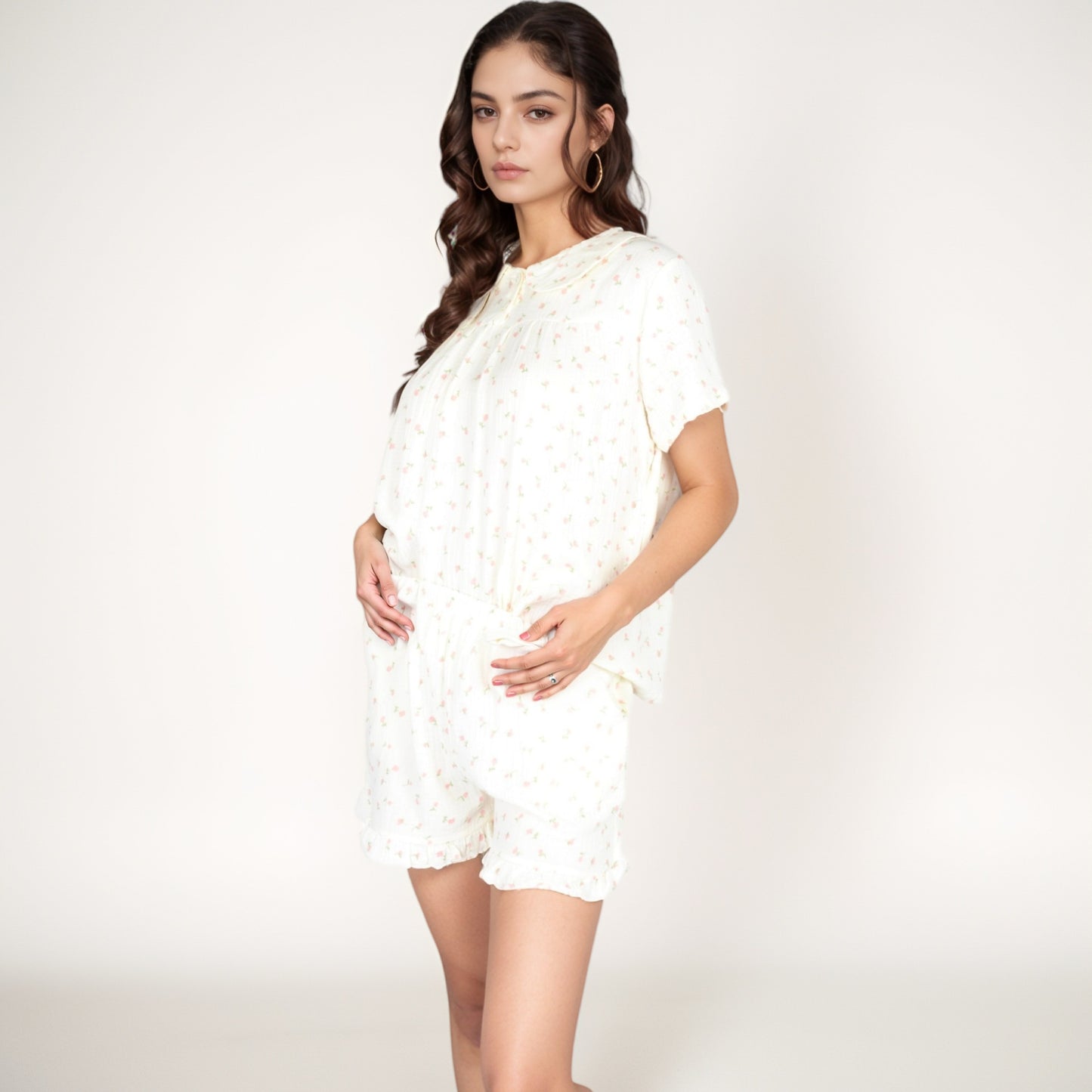 Anna-Kaci Women's Ditsy Floral Pajama Lounge Set with Ruffle Hem Shorts and Short Sleeve Pintuck Top