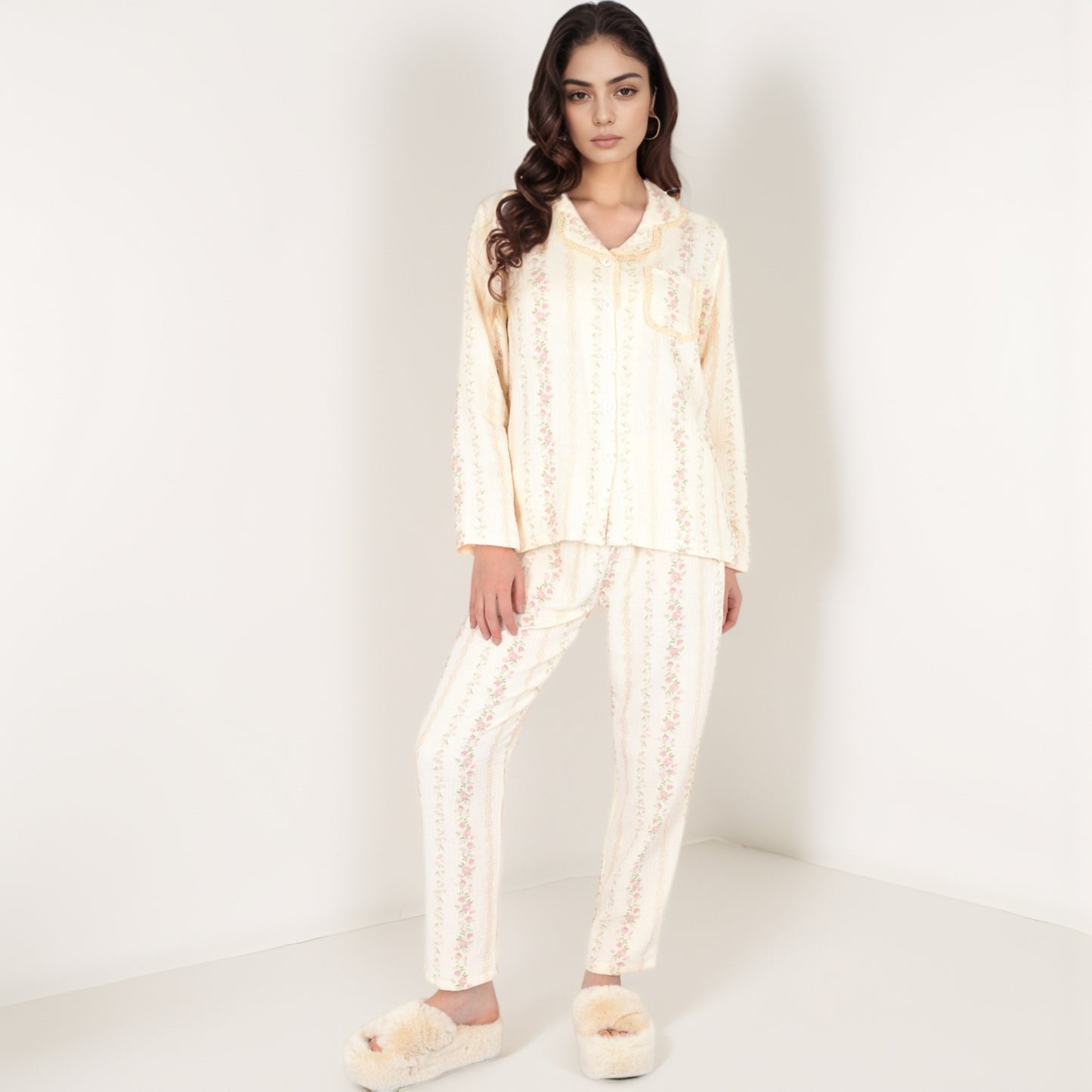 Anna-Kaci Women's Floral Stripe Long Sleeve Pajama Set with Button-Up Top Chest Pocket and Elastic Waist Pants in Lightweight Fabric