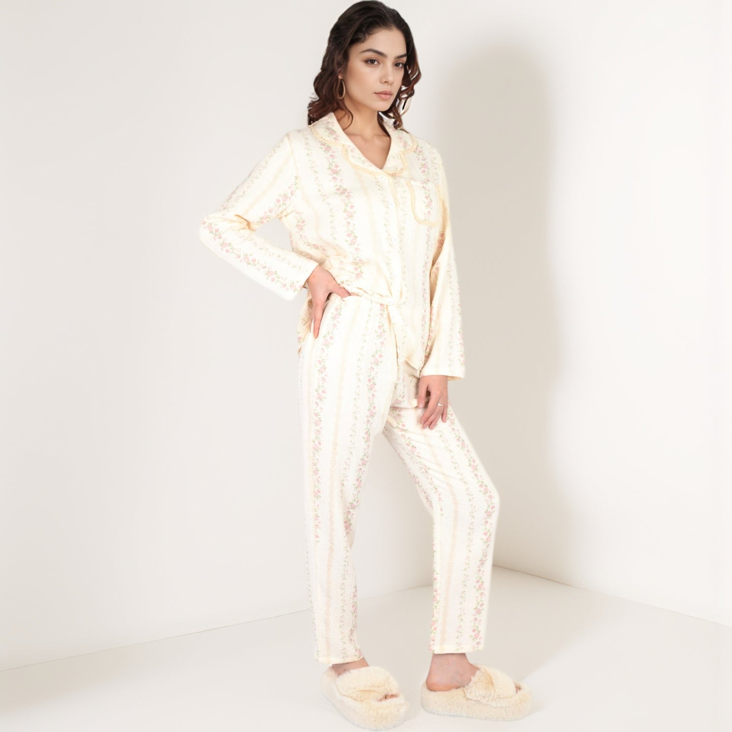 Anna-Kaci Women's Floral Stripe Long Sleeve Pajama Set with Button-Up Top Chest Pocket and Elastic Waist Pants in Lightweight Fabric