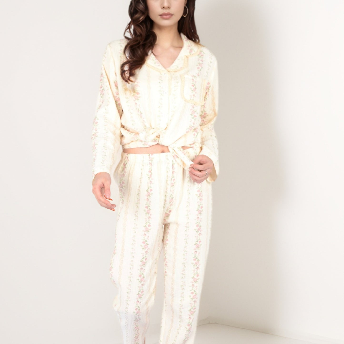 Anna-Kaci Women's Floral Stripe Long Sleeve Pajama Set with Button-Up Top Chest Pocket and Elastic Waist Pants in Lightweight Fabric