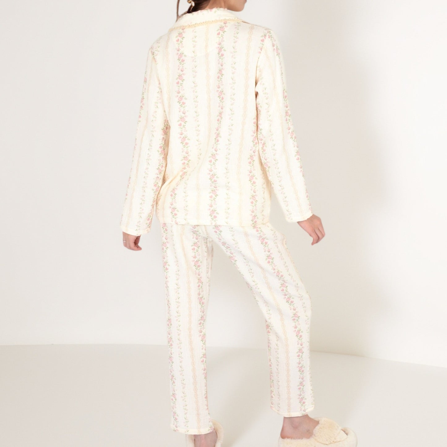 Anna-Kaci Women's Floral Stripe Long Sleeve Pajama Set with Button-Up Top Chest Pocket and Elastic Waist Pants in Lightweight Fabric