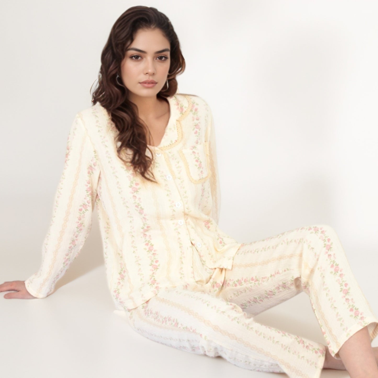 Anna-Kaci Women's Floral Stripe Long Sleeve Pajama Set with Button-Up Top Chest Pocket and Elastic Waist Pants in Lightweight Fabric