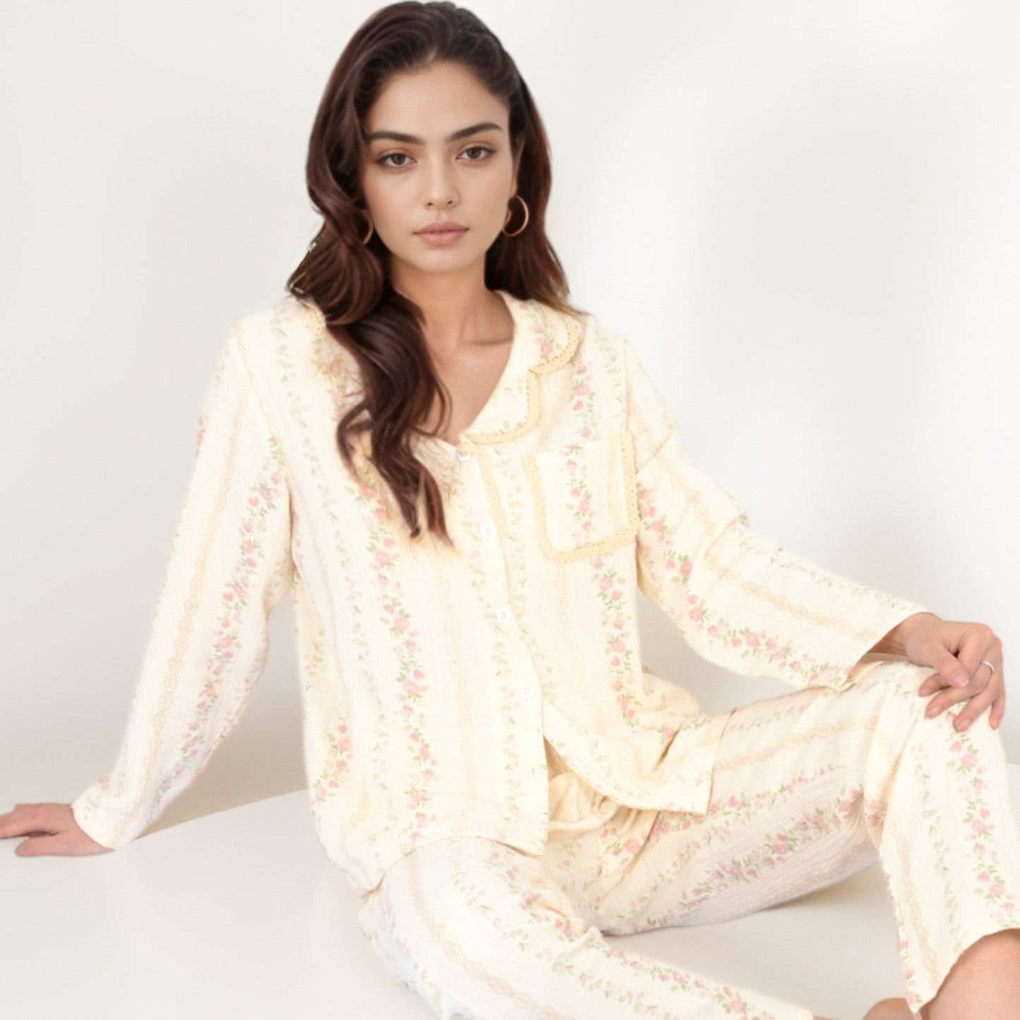 Anna-Kaci Women's Floral Stripe Long Sleeve Pajama Set with Button-Up Top Chest Pocket and Elastic Waist Pants in Lightweight Fabric
