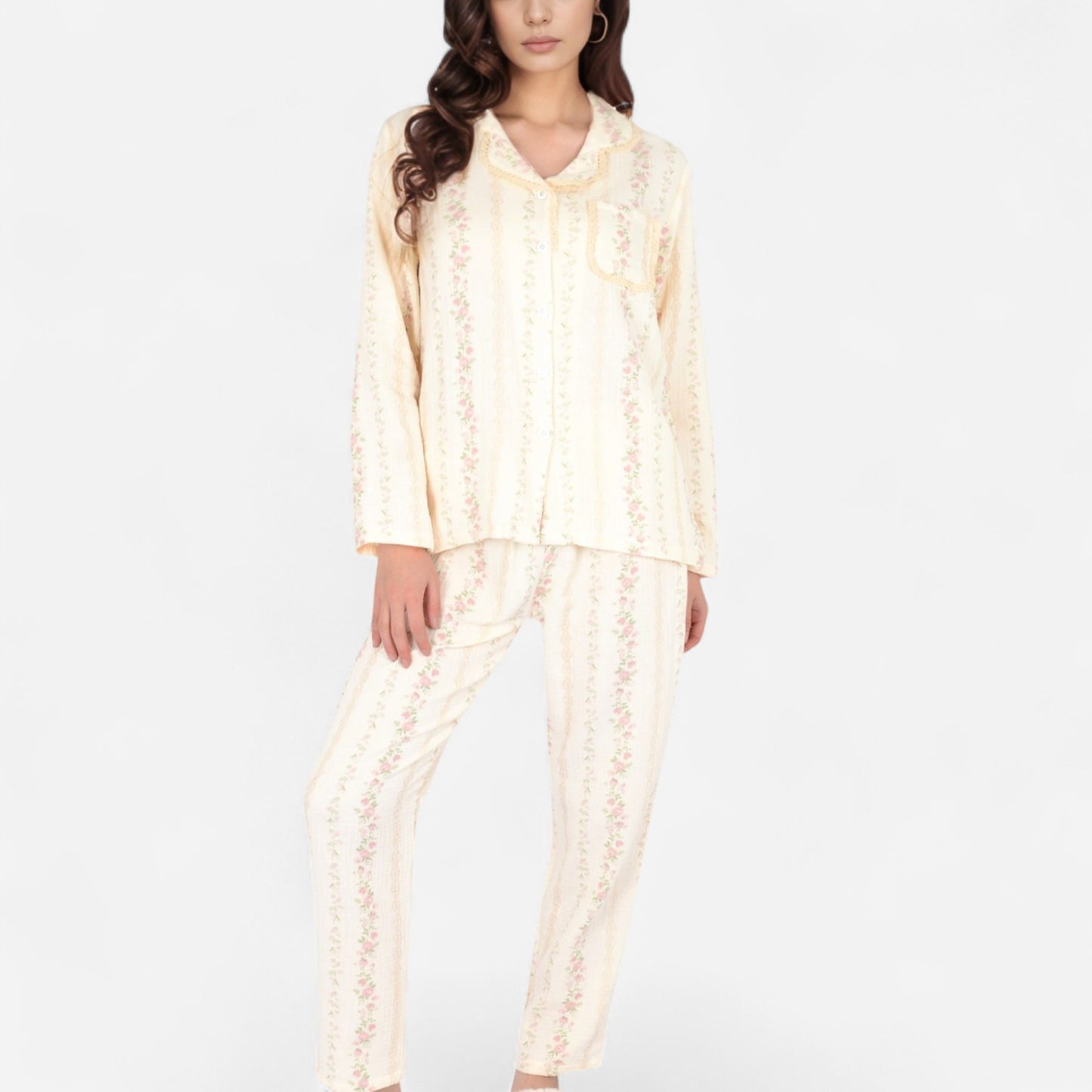Anna-Kaci Women's Floral Stripe Long Sleeve Pajama Set with Button-Up Top Chest Pocket and Elastic Waist Pants in Lightweight Fabric