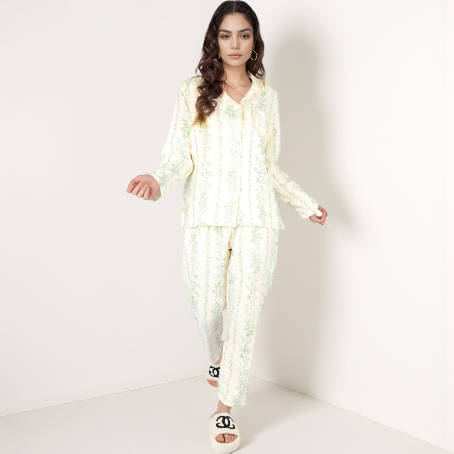 Anna-Kaci Women's Floral Stripe Long Sleeve Pajama Set with Button-Up Top Chest Pocket and Elastic Waist Pants in Lightweight Fabric