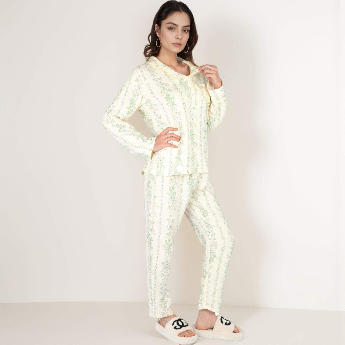 Anna-Kaci Women's Floral Stripe Long Sleeve Pajama Set with Button-Up Top Chest Pocket and Elastic Waist Pants in Lightweight Fabric