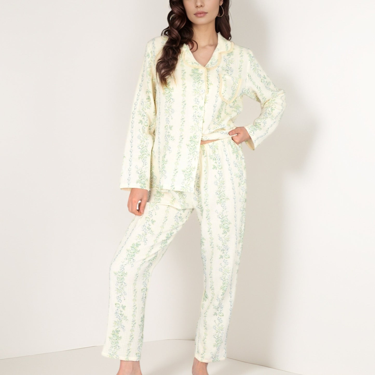 Anna-Kaci Women's Floral Stripe Long Sleeve Pajama Set with Button-Up Top Chest Pocket and Elastic Waist Pants in Lightweight Fabric