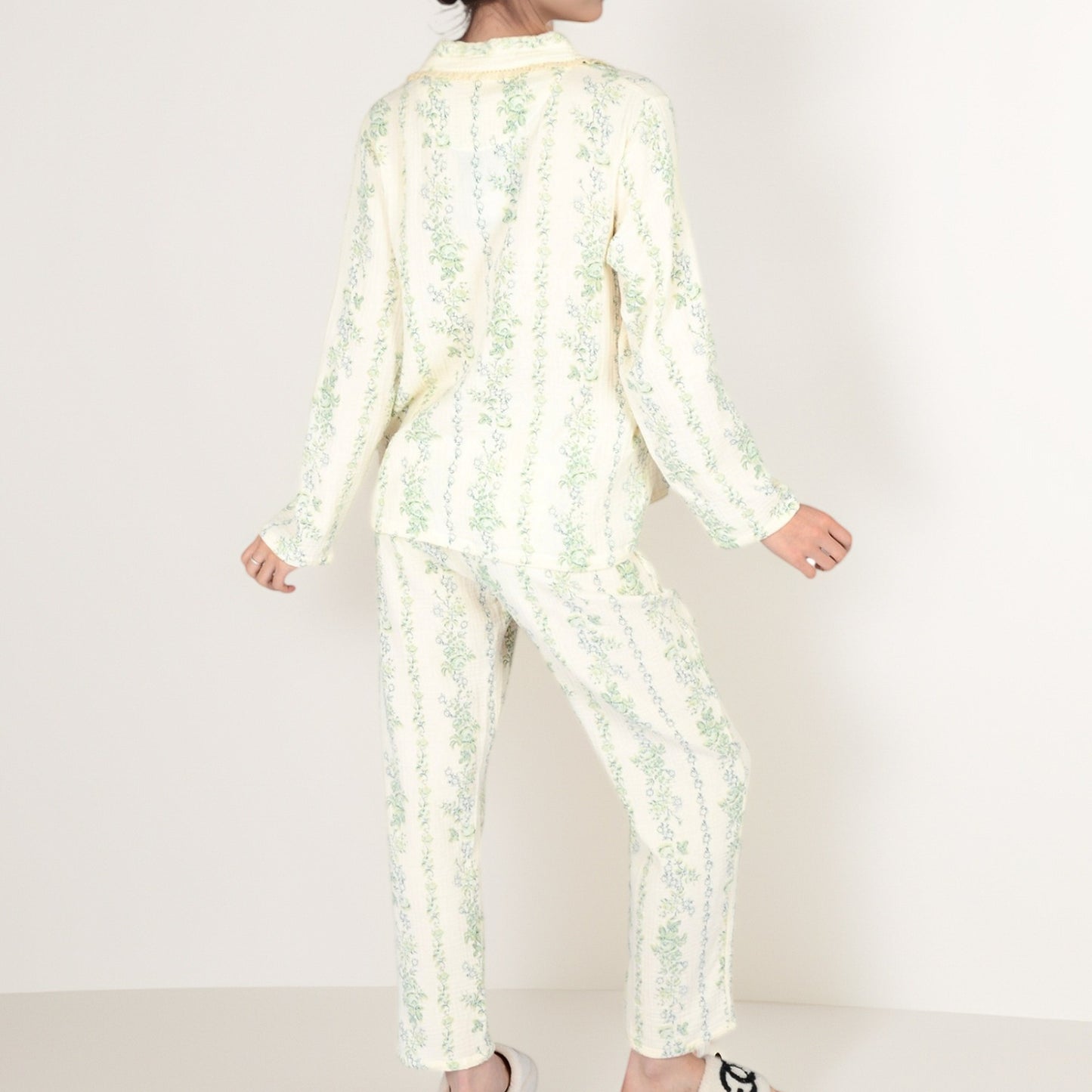 Anna-Kaci Women's Floral Stripe Long Sleeve Pajama Set with Button-Up Top Chest Pocket and Elastic Waist Pants in Lightweight Fabric