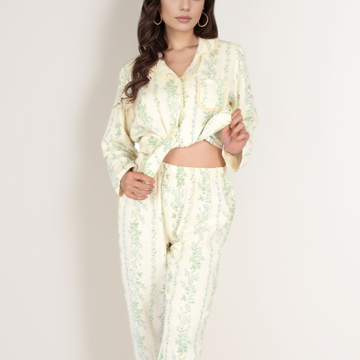 Anna-Kaci Women's Floral Stripe Long Sleeve Pajama Set with Button-Up Top Chest Pocket and Elastic Waist Pants in Lightweight Fabric