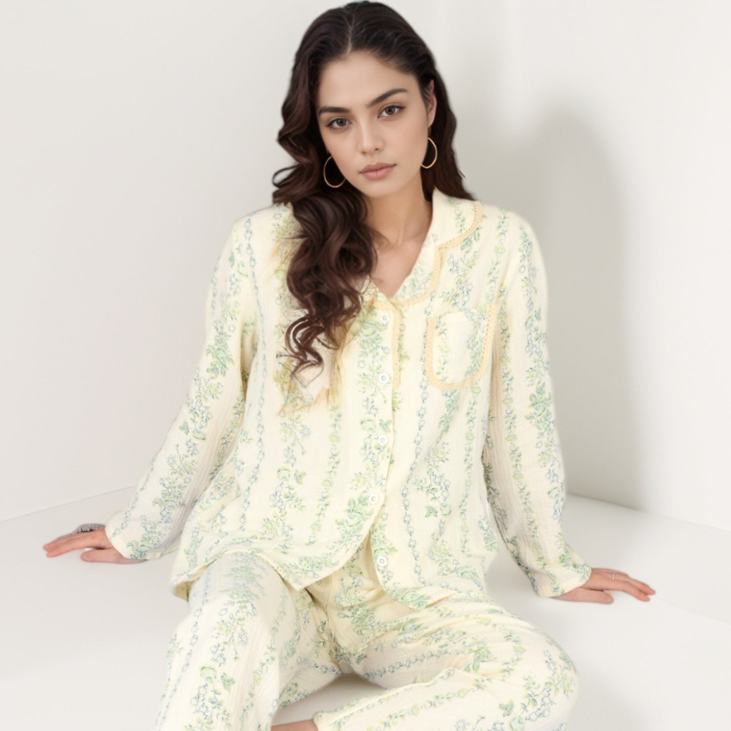 Anna-Kaci Women's Floral Stripe Long Sleeve Pajama Set with Button-Up Top Chest Pocket and Elastic Waist Pants in Lightweight Fabric