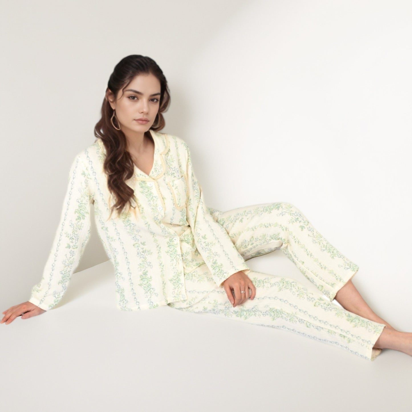 Anna-Kaci Women's Floral Stripe Long Sleeve Pajama Set with Button-Up Top Chest Pocket and Elastic Waist Pants in Lightweight Fabric
