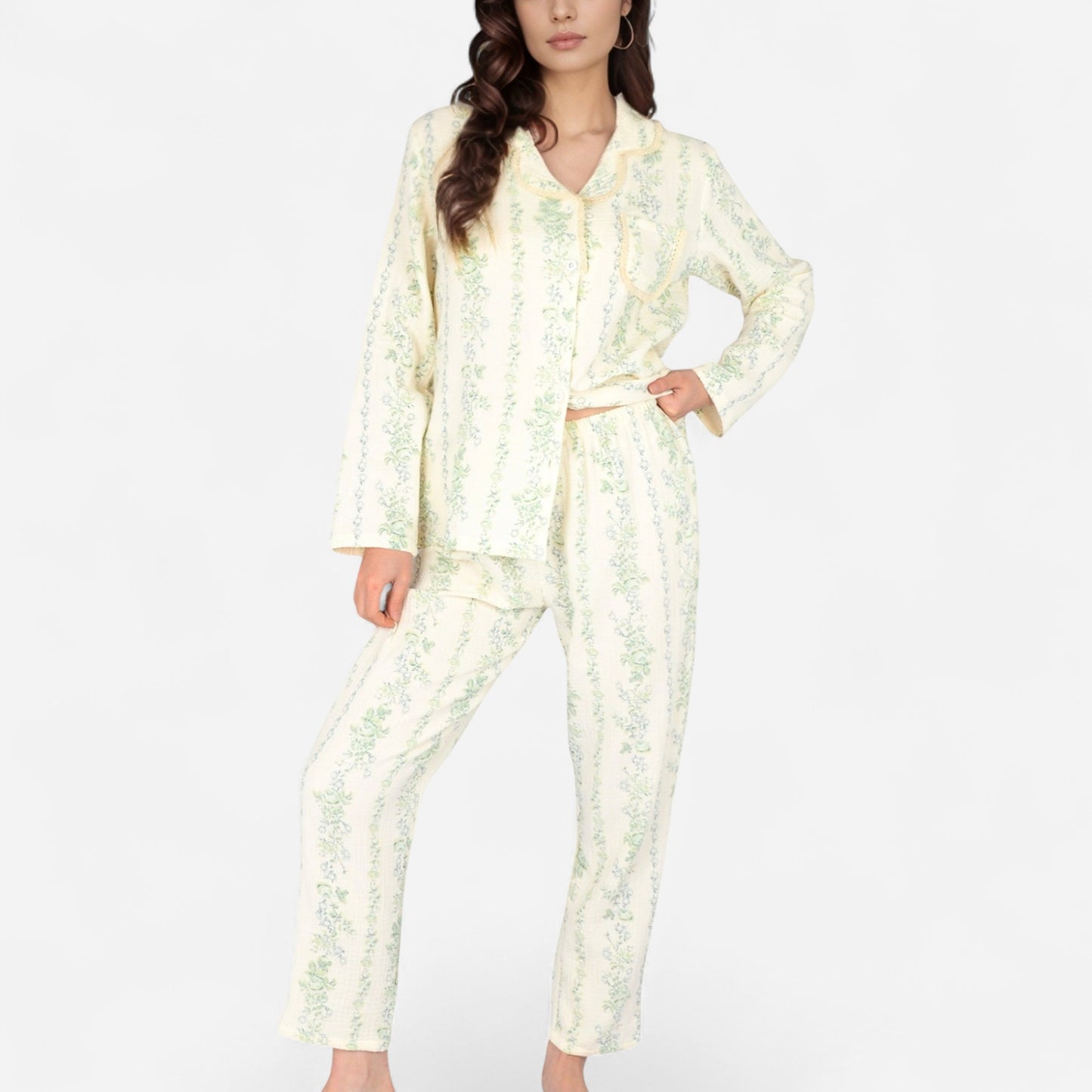 Anna-Kaci Women's Floral Stripe Long Sleeve Pajama Set with Button-Up Top Chest Pocket and Elastic Waist Pants in Lightweight Fabric