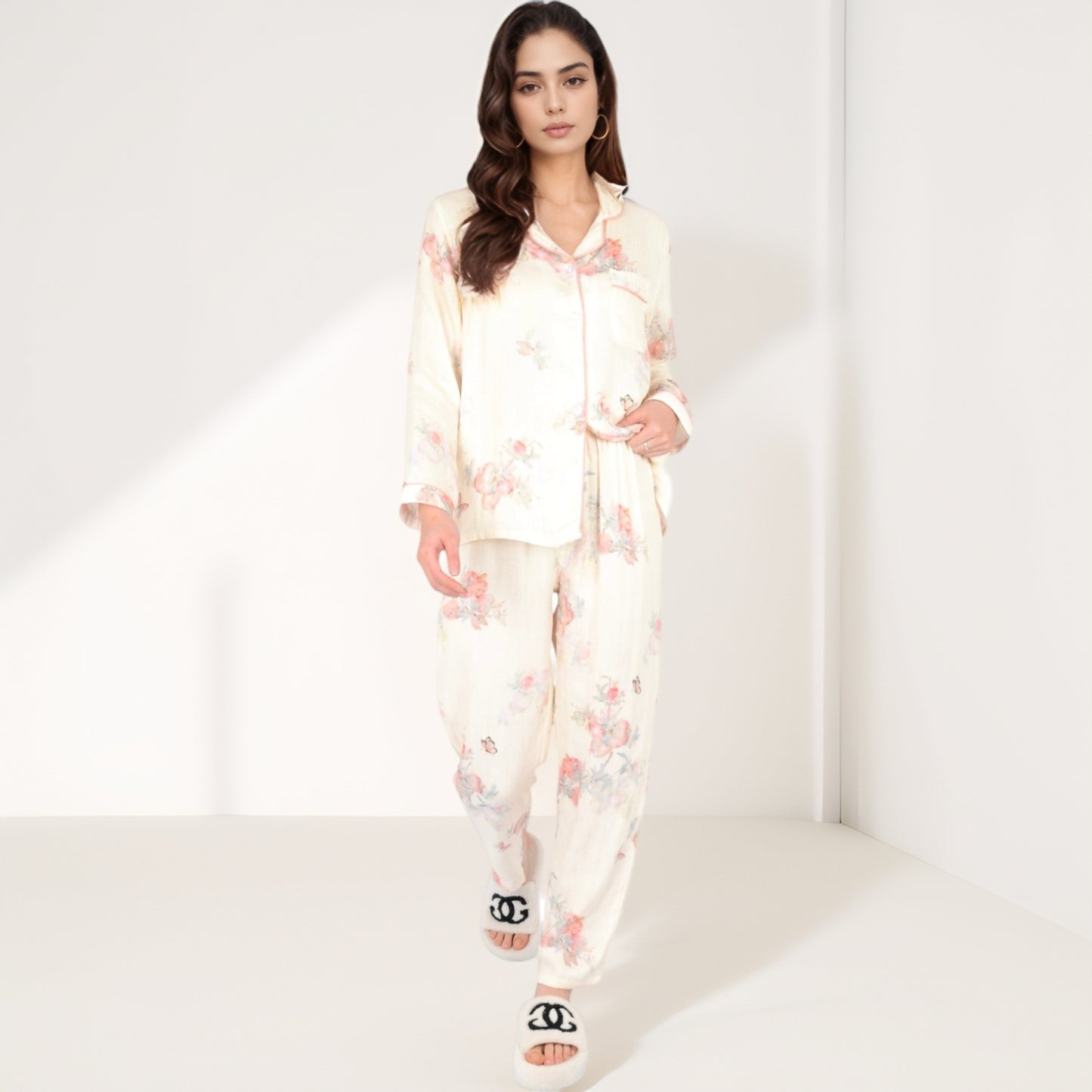 Anna-Kaci Women's Floral Butterfly Print Long Sleeve Pajama Set with Button-Up Top Chest Pocket and Relaxed Fit Pants