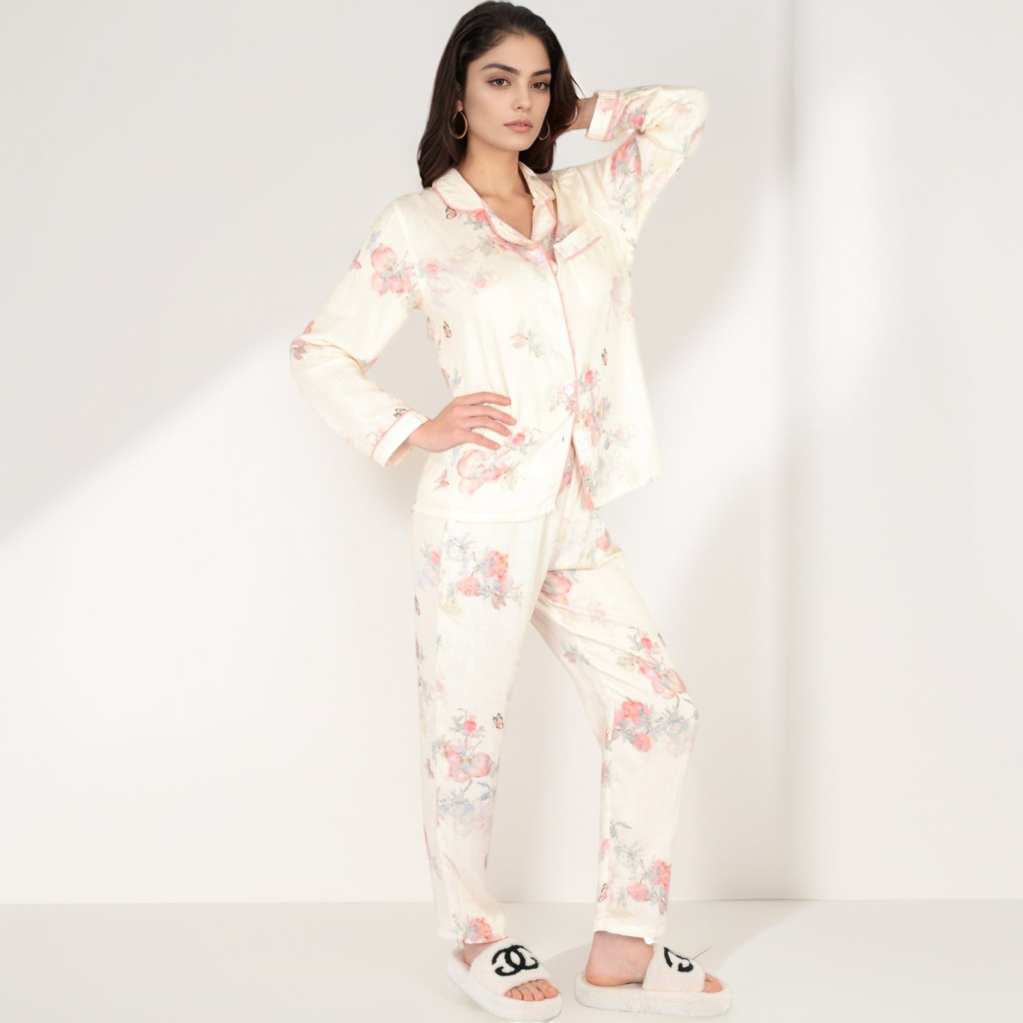 Anna-Kaci Women's Floral Butterfly Print Long Sleeve Pajama Set with Button-Up Top Chest Pocket and Relaxed Fit Pants