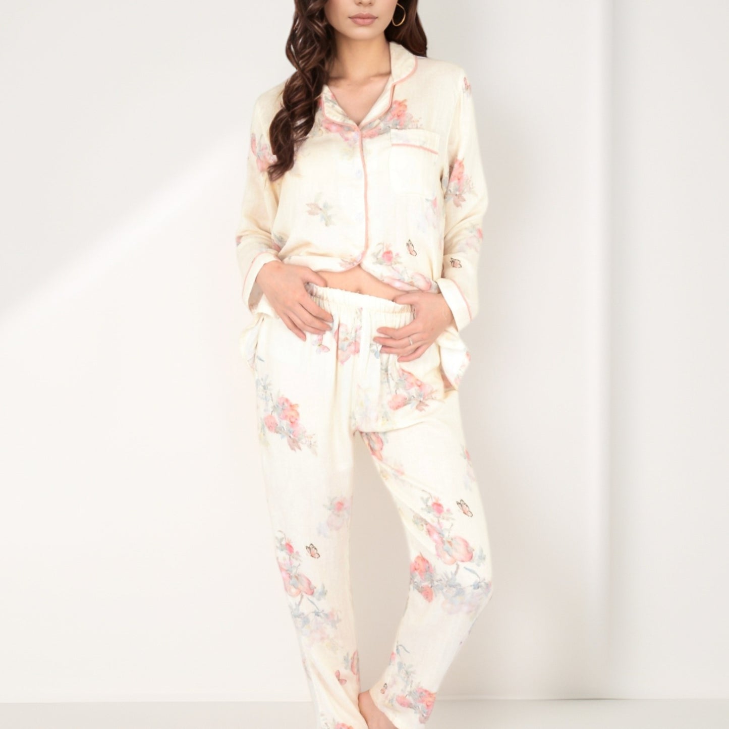 Anna-Kaci Women's Floral Butterfly Print Long Sleeve Pajama Set with Button-Up Top Chest Pocket and Relaxed Fit Pants