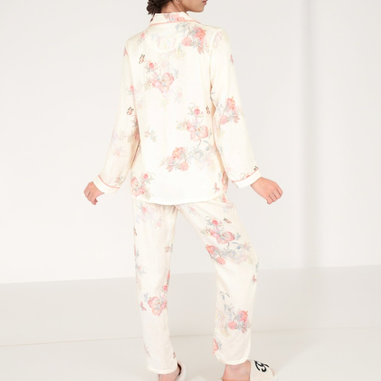 Anna-Kaci Women's Floral Butterfly Print Long Sleeve Pajama Set with Button-Up Top Chest Pocket and Relaxed Fit Pants