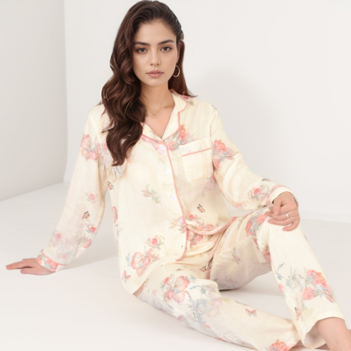 Anna-Kaci Women's Floral Butterfly Print Long Sleeve Pajama Set with Button-Up Top Chest Pocket and Relaxed Fit Pants