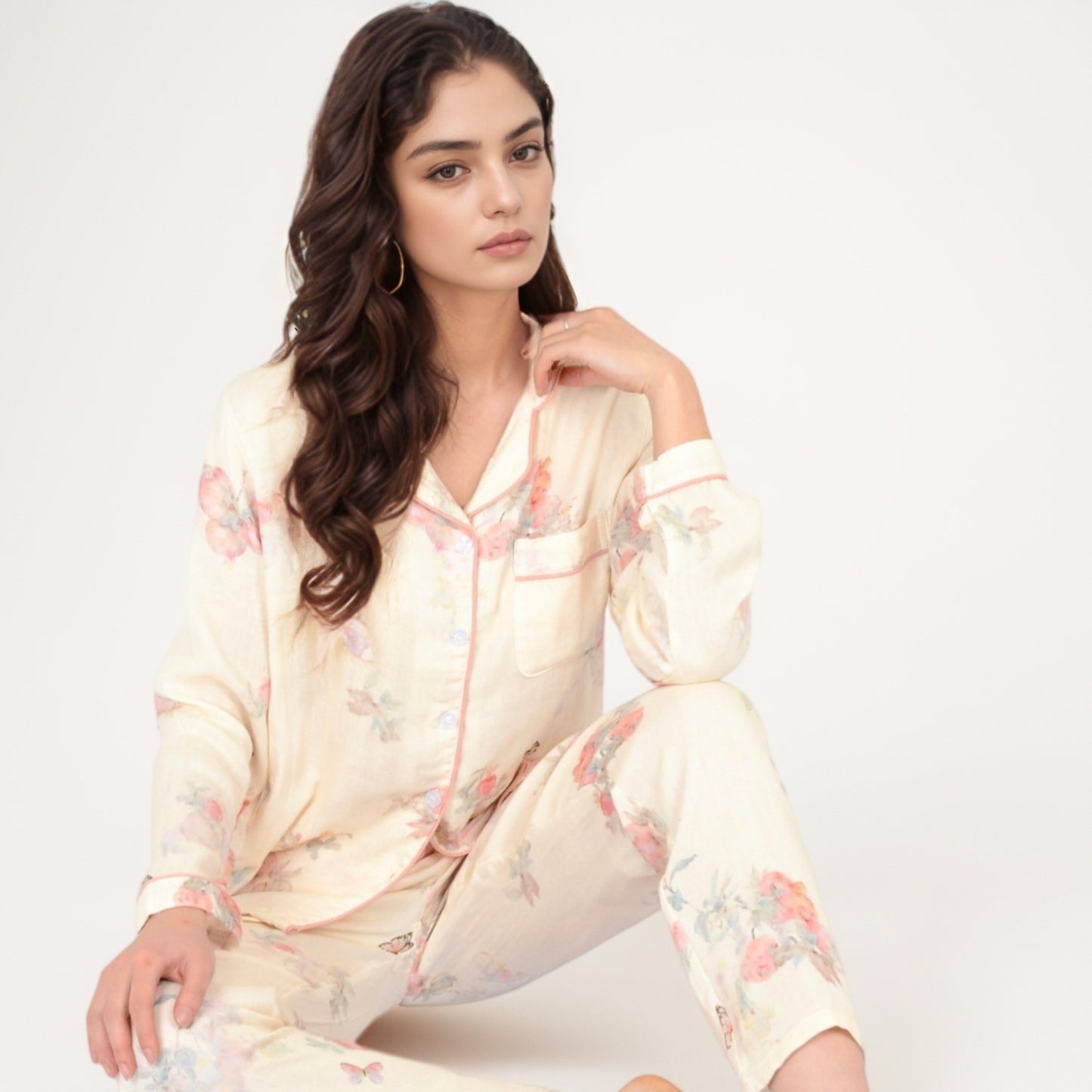 Anna-Kaci Women's Floral Butterfly Print Long Sleeve Pajama Set with Button-Up Top Chest Pocket and Relaxed Fit Pants