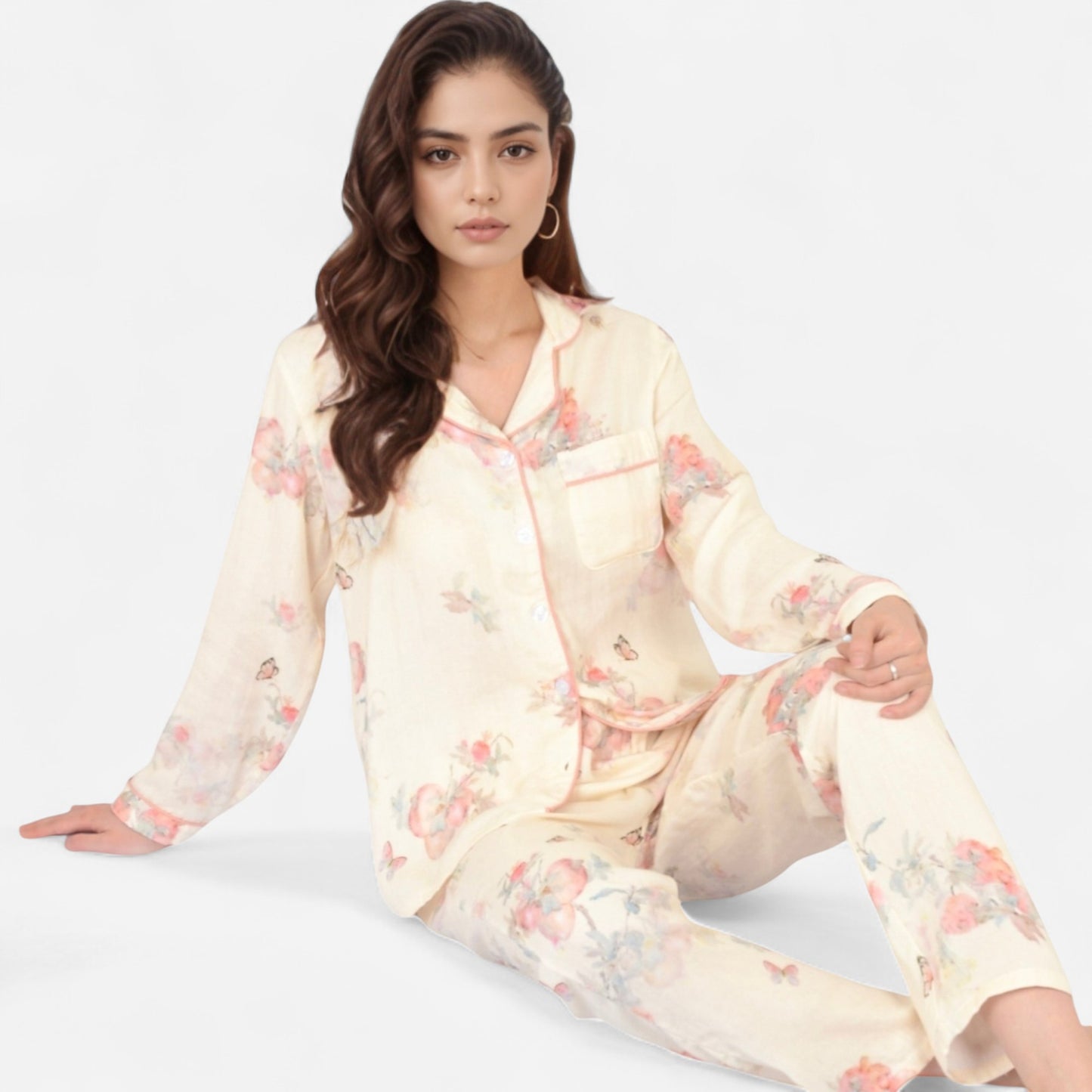 Anna-Kaci Women's Floral Butterfly Print Long Sleeve Pajama Set with Button-Up Top Chest Pocket and Relaxed Fit Pants