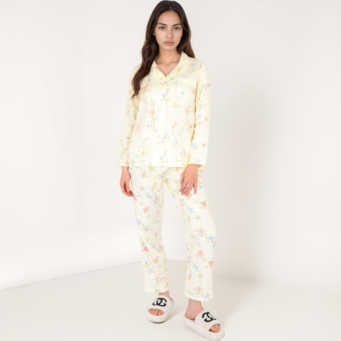 Anna-Kaci Women's Yellow Floral Print Long Sleeve Pajama Set with Button-Up Top Single Chest Pocket and Relaxed Fit Pants