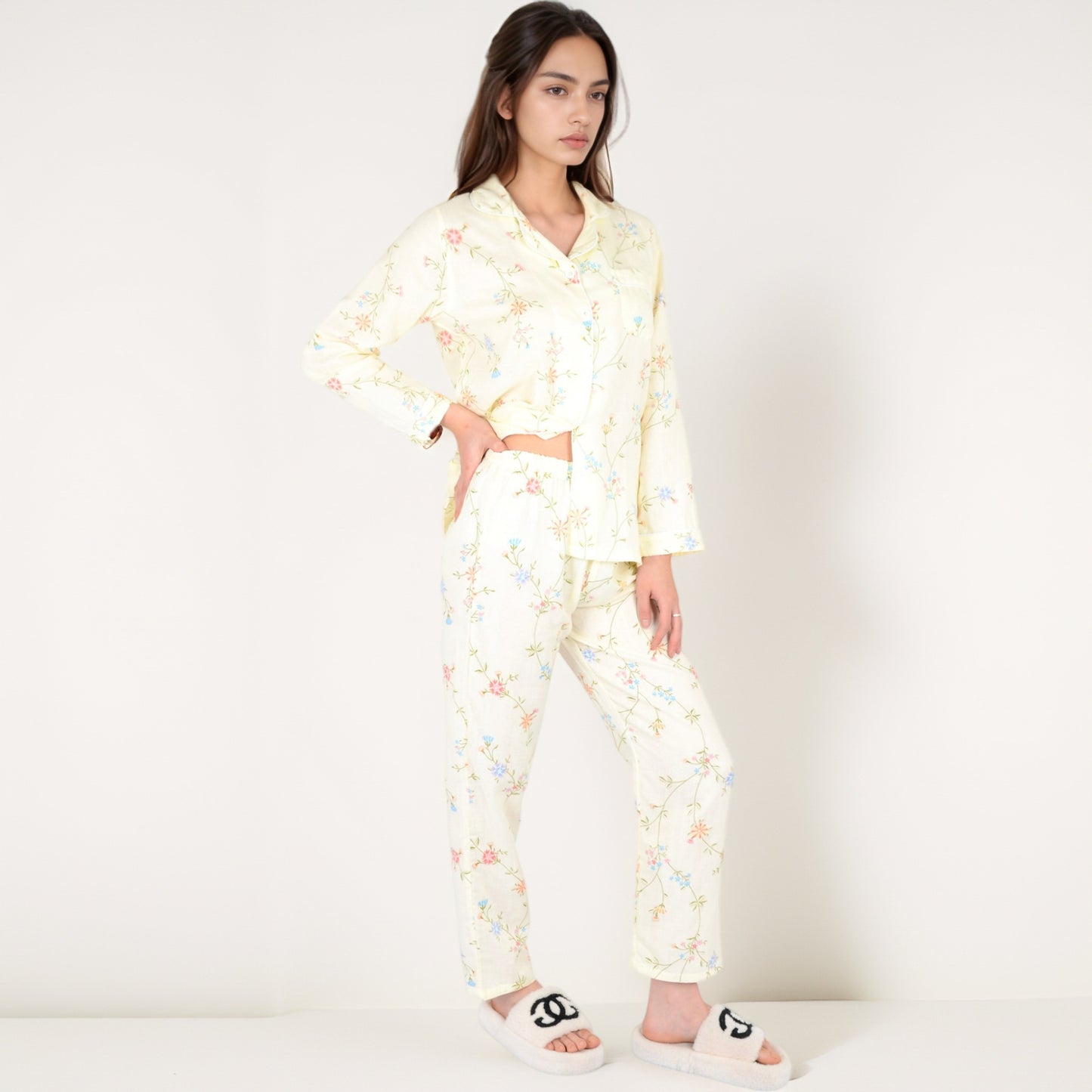 Anna-Kaci Women's Yellow Floral Print Long Sleeve Pajama Set with Button-Up Top Single Chest Pocket and Relaxed Fit Pants
