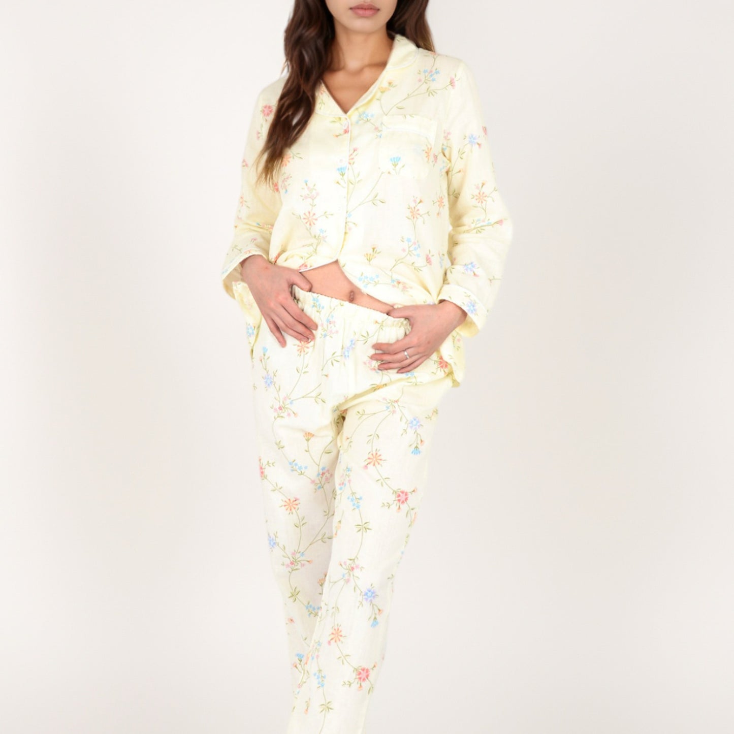 Anna-Kaci Women's Yellow Floral Print Long Sleeve Pajama Set with Button-Up Top Single Chest Pocket and Relaxed Fit Pants