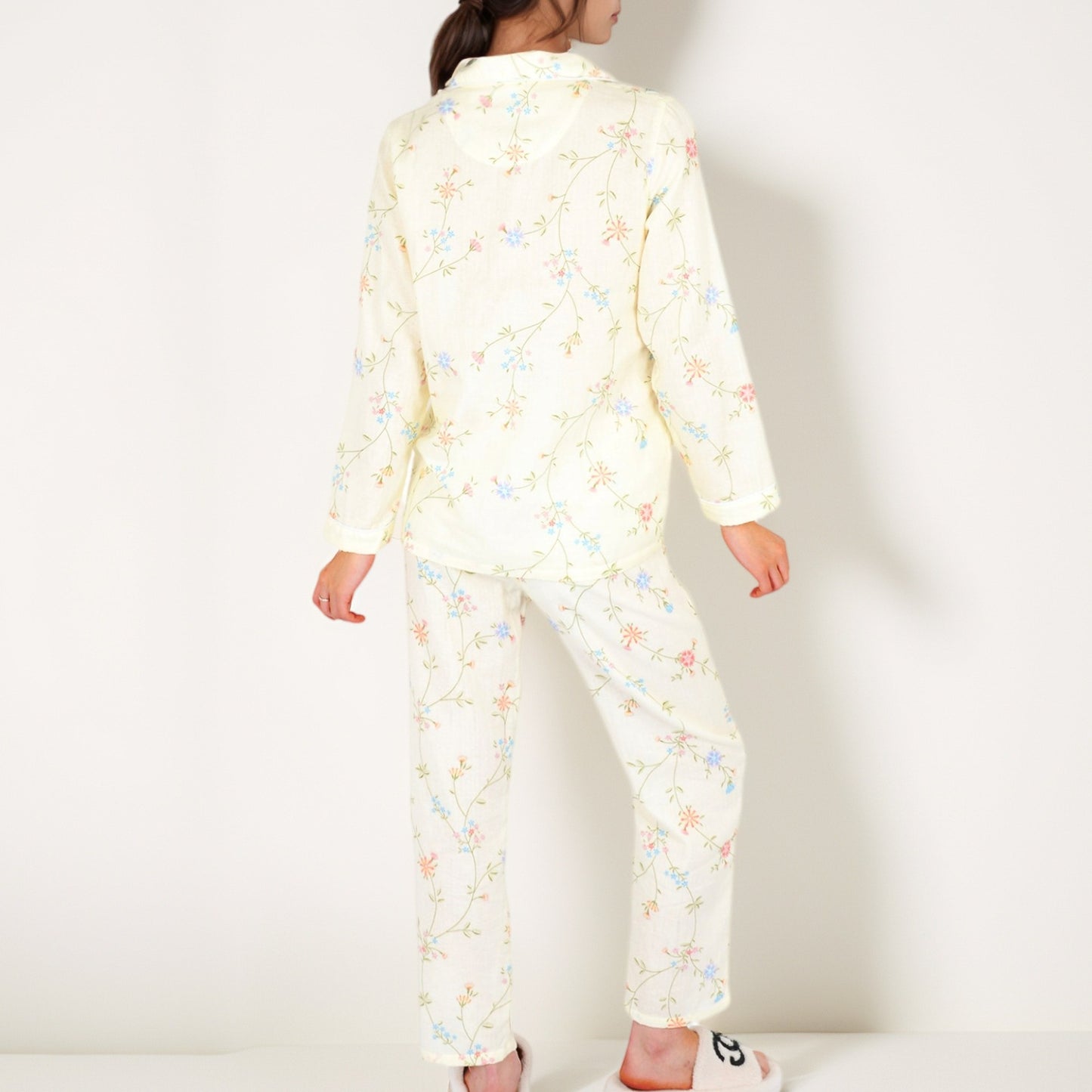 Anna-Kaci Women's Yellow Floral Print Long Sleeve Pajama Set with Button-Up Top Single Chest Pocket and Relaxed Fit Pants